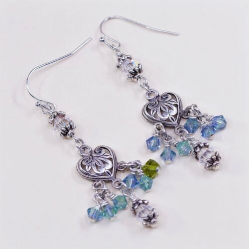 Sterling Silver Handmade Earrings, 925 Silver Filigree Heart W/ Green Crystal
