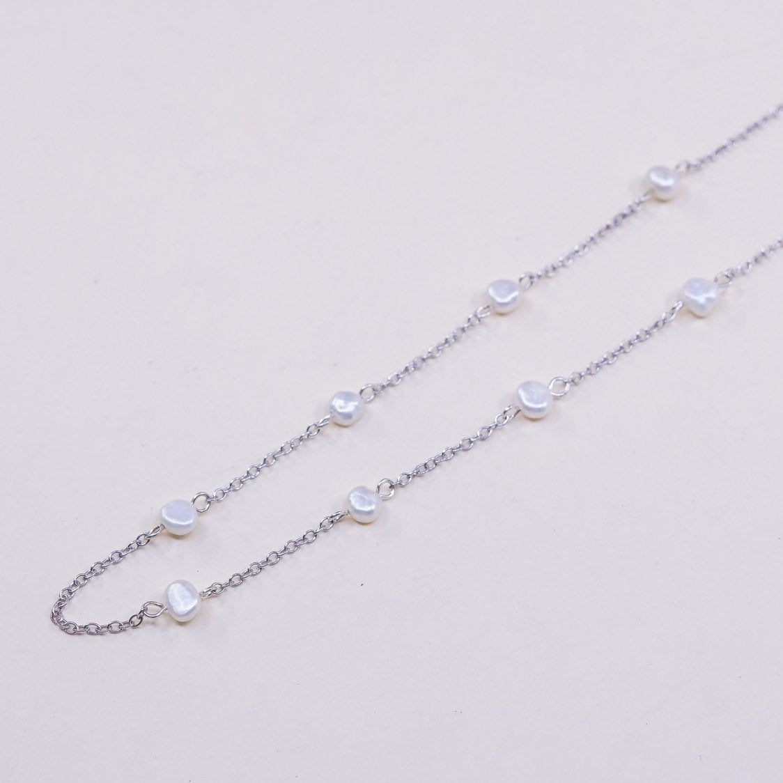 16+2", vtg handmade Sterling silver Circle link chain with pearl beads
