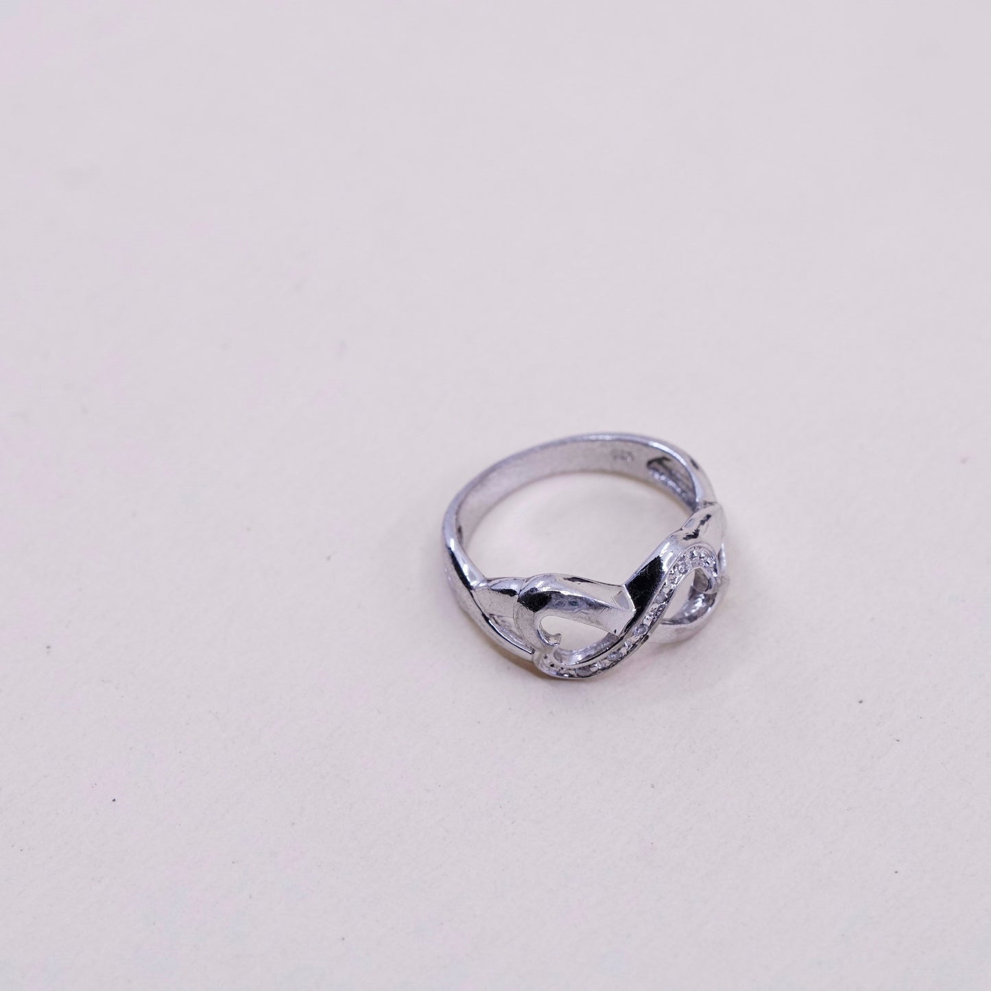 Size 6.25, Vintage sterling silver handmade ring, 925 heart band with Cz around