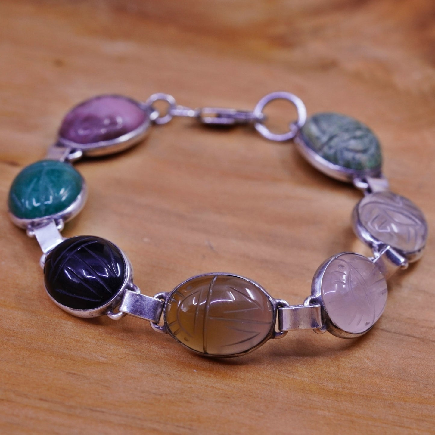 7”, sterling 925 silver handmade carved bracelet jasper obsidian jade quartz