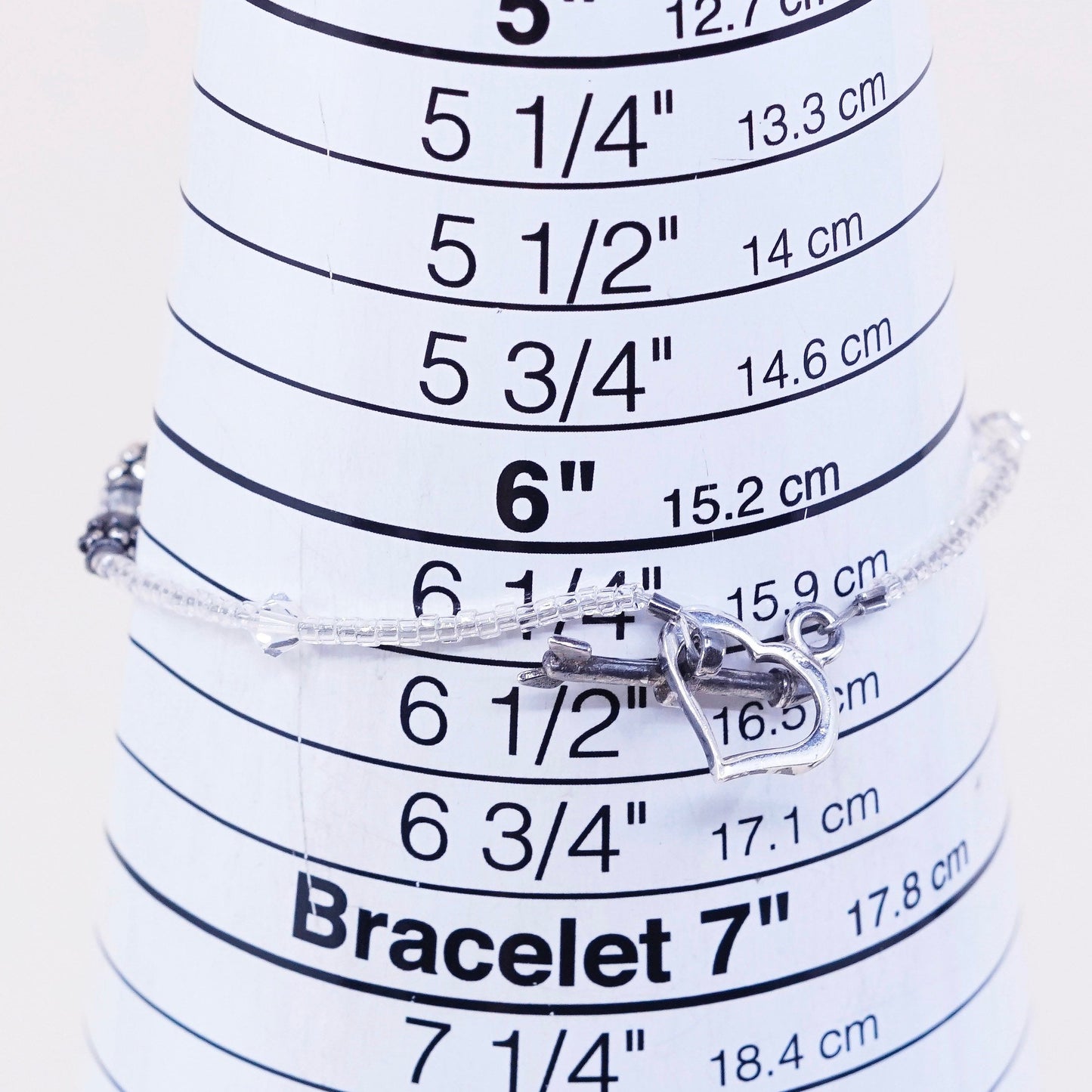 6.25”, Sterling silver handmade bracelet, 925 heart charm with clear crystal