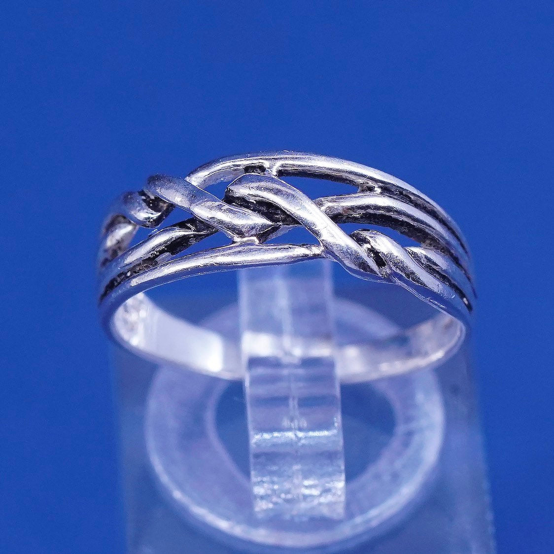 sz 6.75, vtg sterling silver handmade ring, 925 entwined knot band, stamped 925
