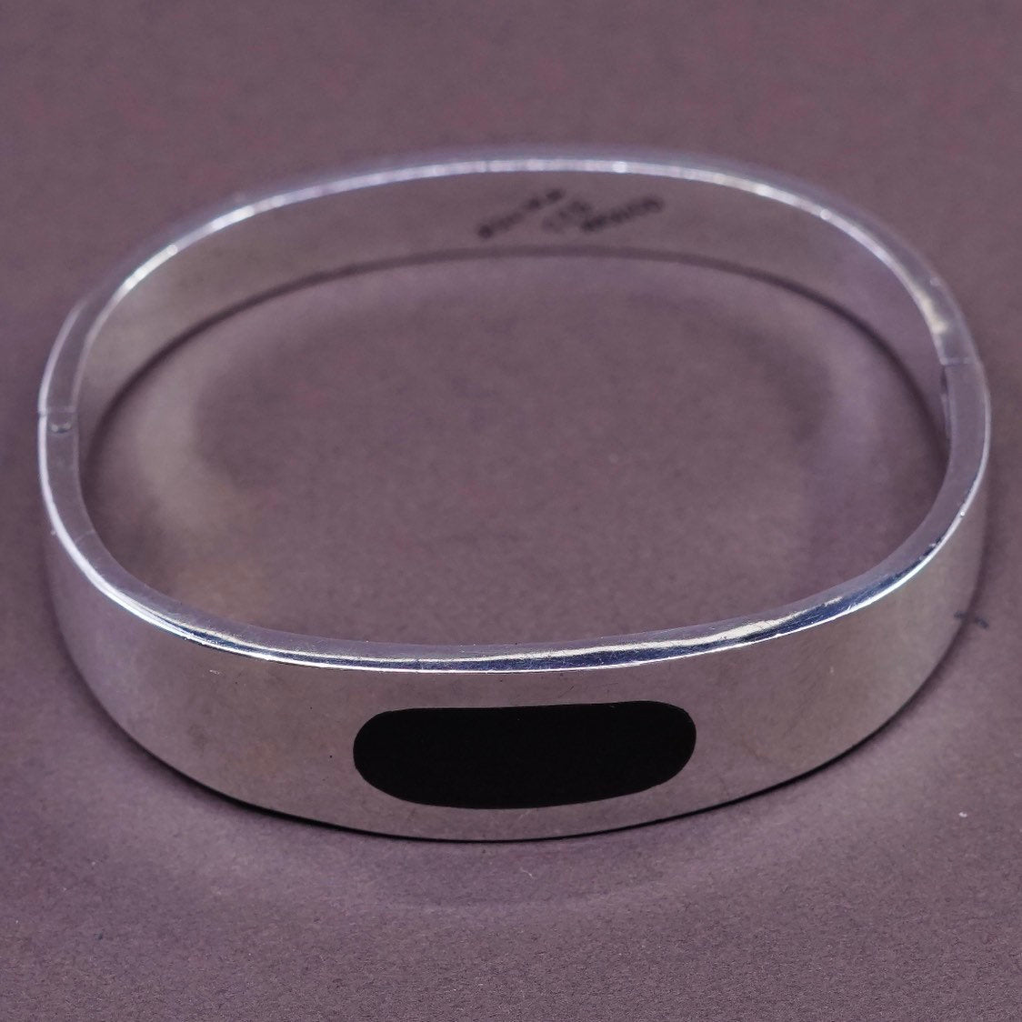 7”, vtg Sterling silver handmade bracelet, mexico 925 hinged bangle w/ obsidian