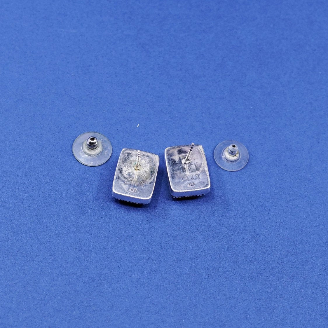 exex sterling silver handmade earrings, 925 rectangular studs w/ turquoise