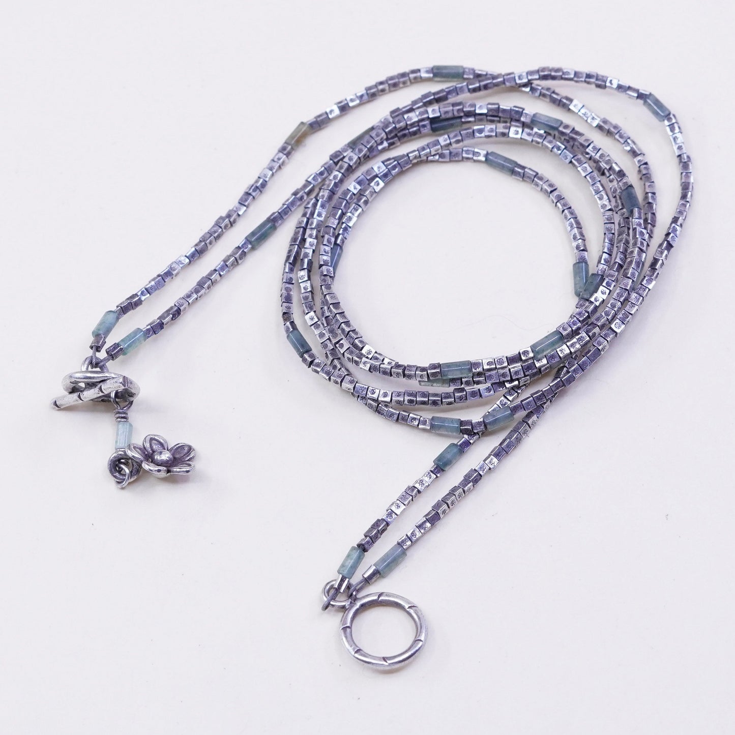 18”, Sterling silver double strands necklace 925 nugget chain w/ flower pendant