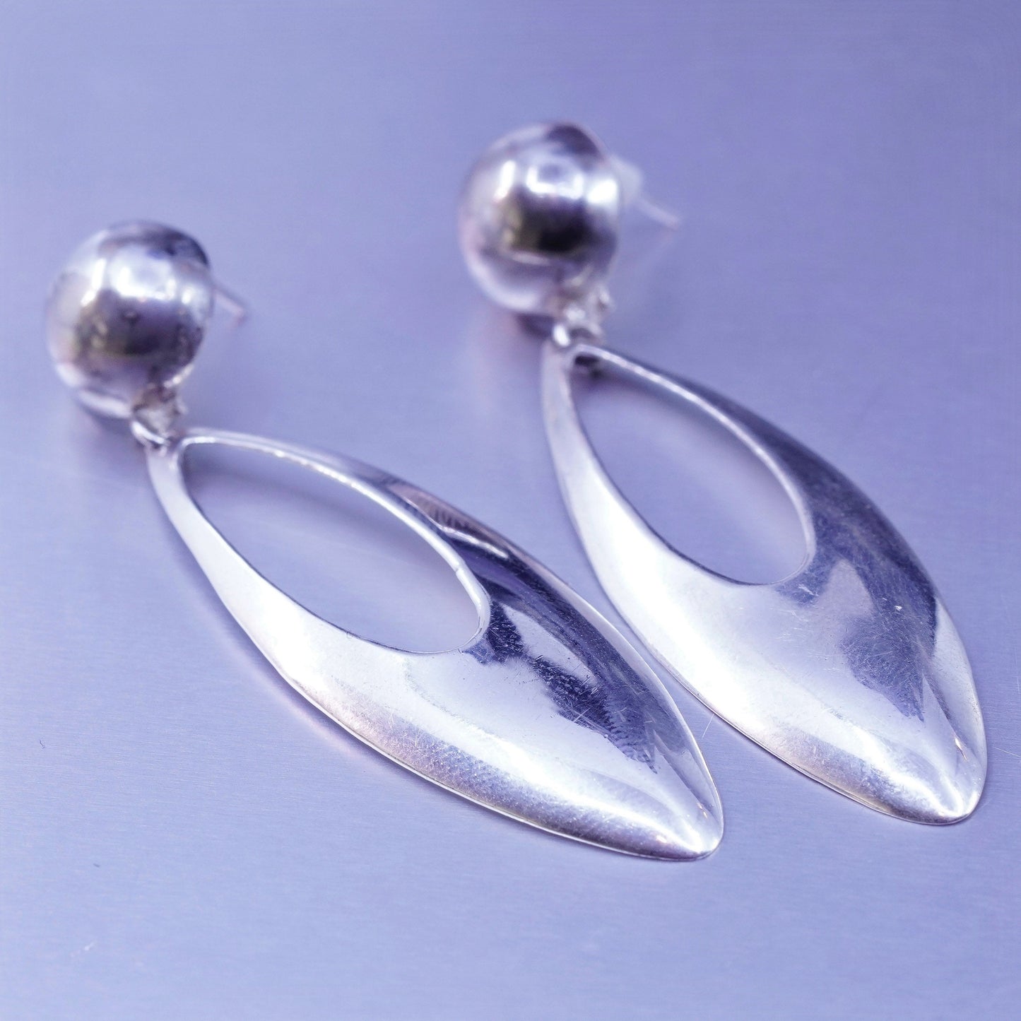 Vintage modern Sterling 925 silver handmade marquise shaped earrings