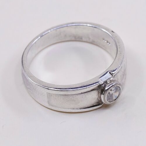 Sz 8, Vtg Sterling Silver Ring, Thailand 925 Modern Engagement Band Ring W/ CZ