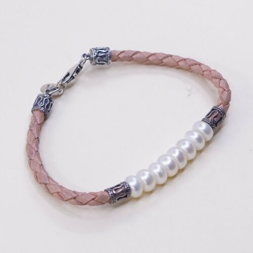 7”, Vtg Sterling Silver Handmade Bracelet, Pink Leather W/ Pearl N 925 Beads
