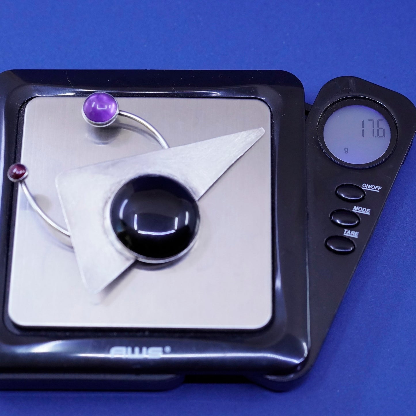 Vintage Sterling silver handmade brooch, 925 modern obsidian pin amethyst beads