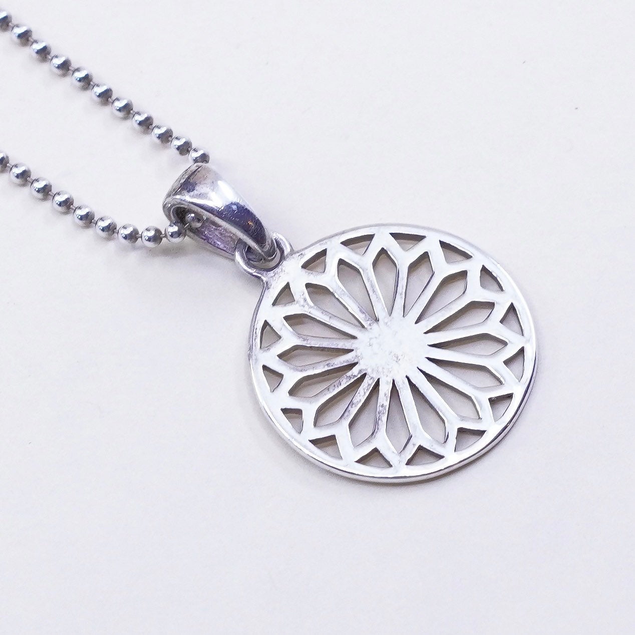 20”, Vintage Sterling 925 silver bead chain necklace filigree snowflake pendant