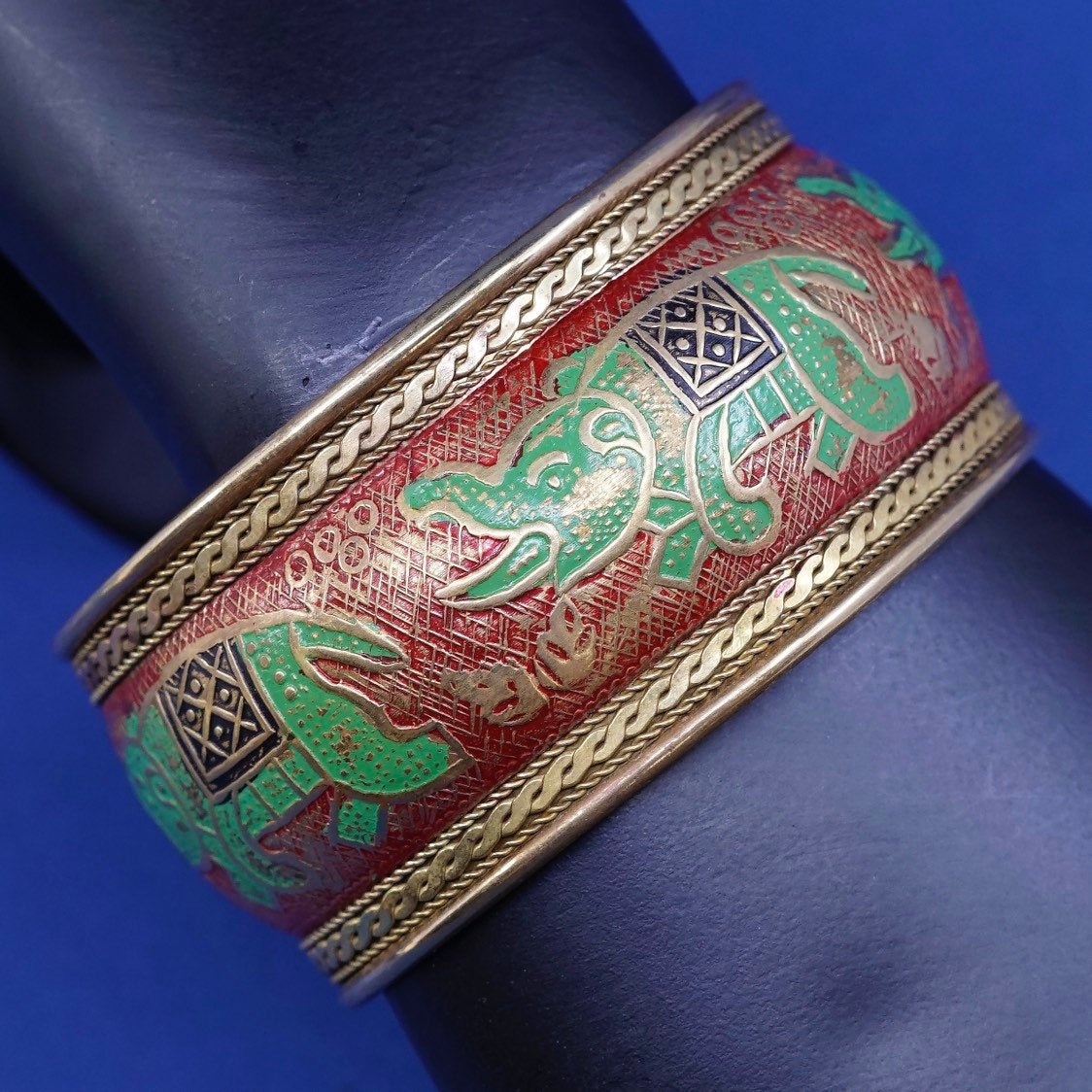 7.25”, vintage modern brass handmade bracelet, enamel cuff