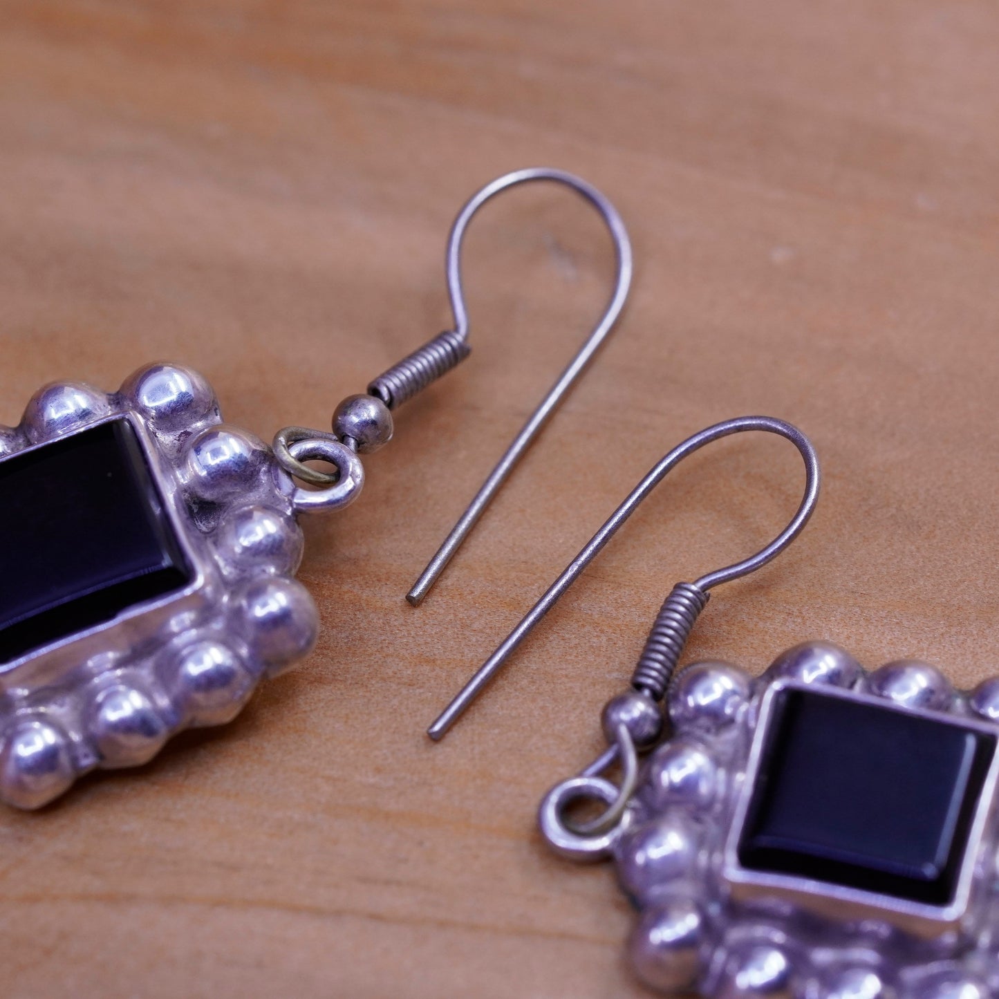 Vintage Sterling 925 silver handmade earrings with square obsidian and beads