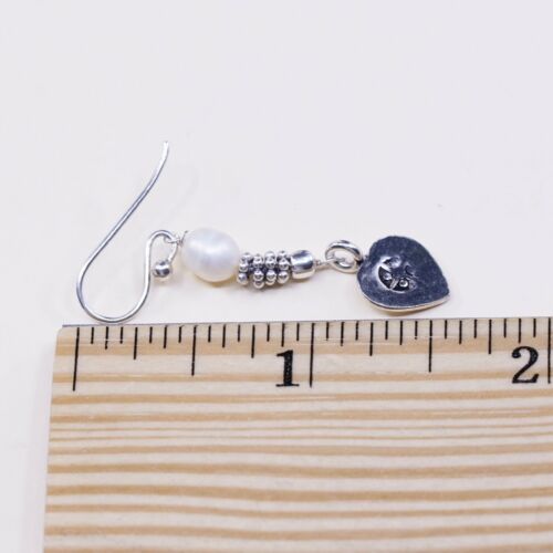 Vintage Southwestern handmade Sterling 925 Silver Heart Earrings w/ Pearl Beads