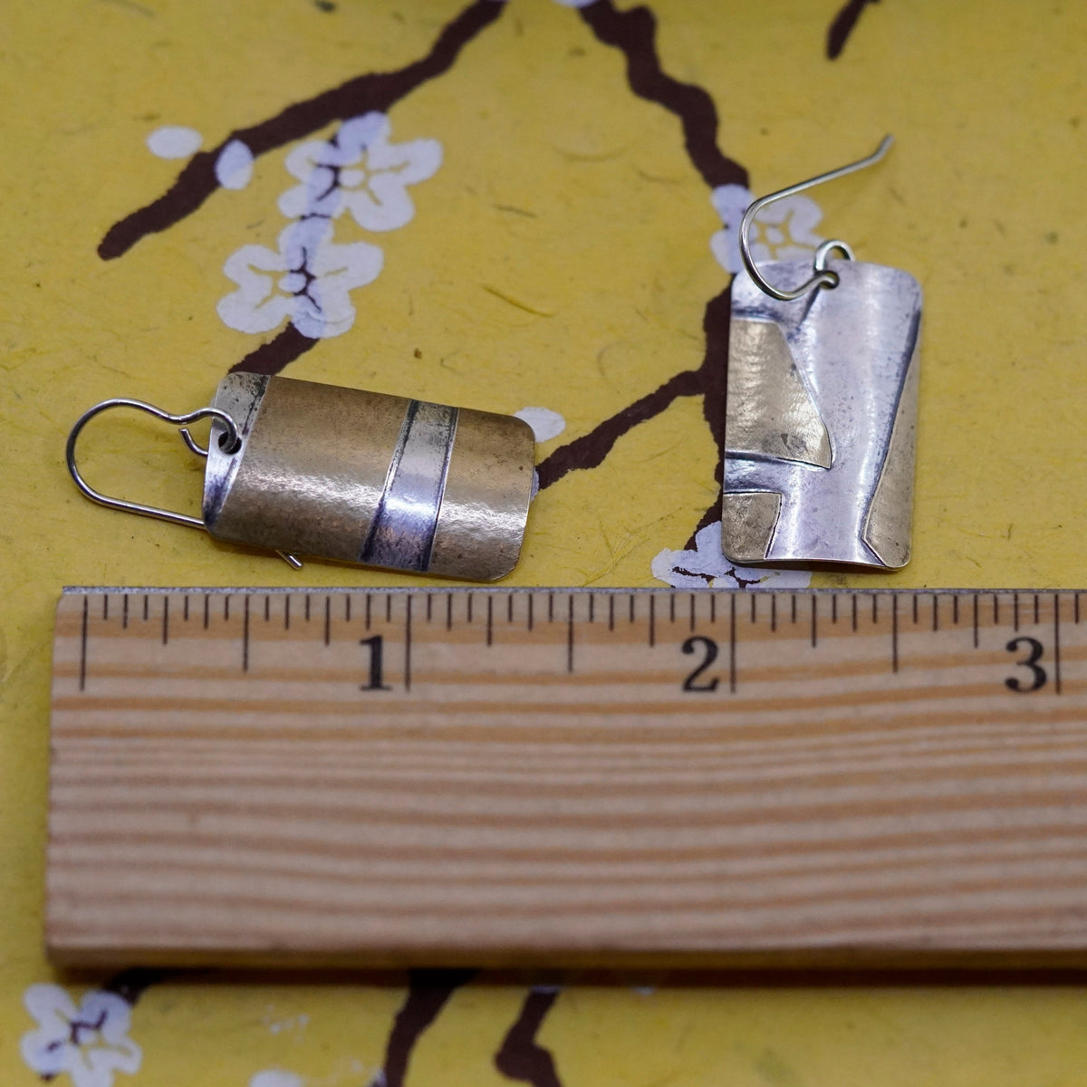 two tone Sterling silver handmade earrings 925 rectangular dangled brass nugget