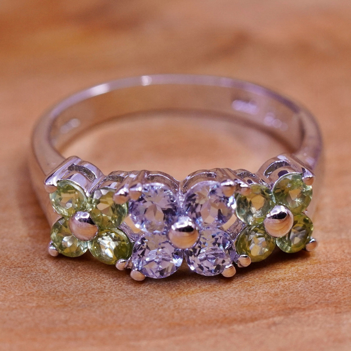 Size 8.25, vintage Sterling 925 silver handmade ring with peridot and topaz