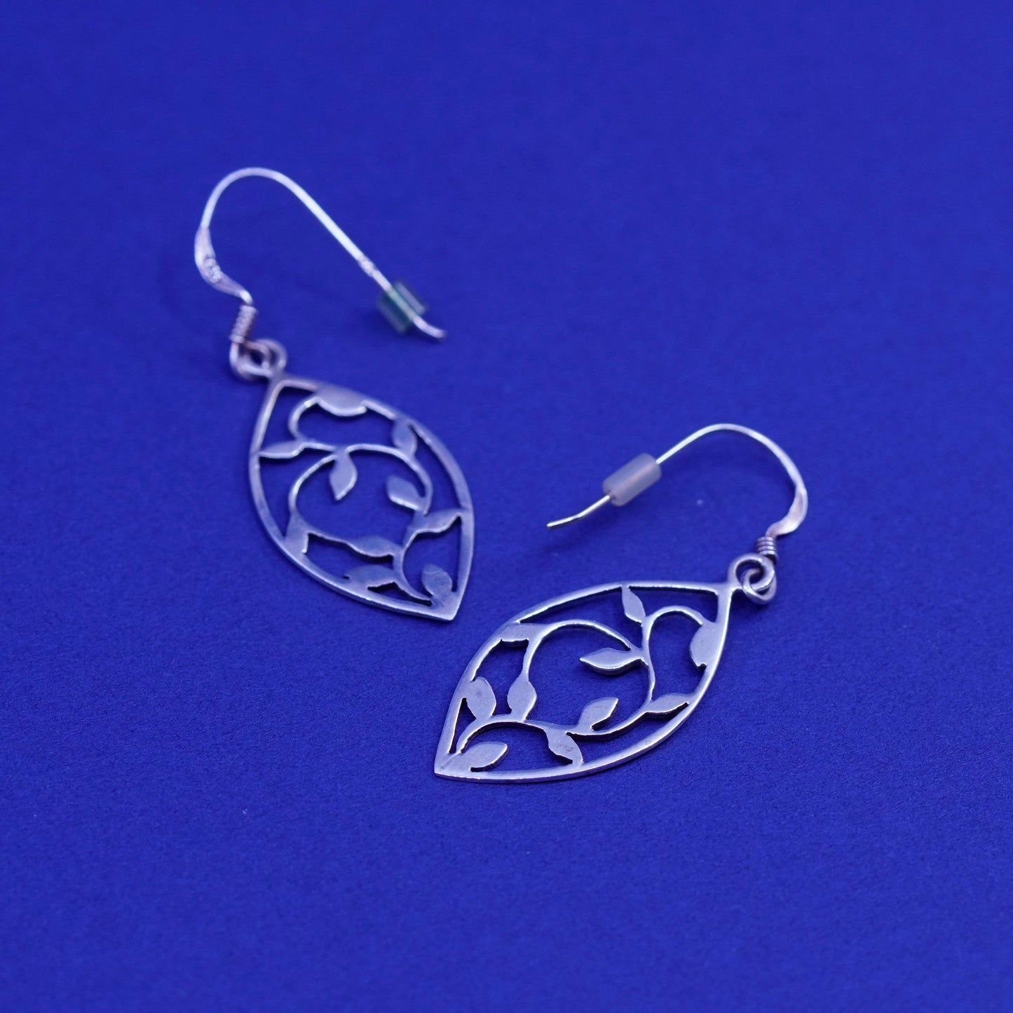 Vintage sterling silver handmade earrings, 925 marquise drops with leaf cutout