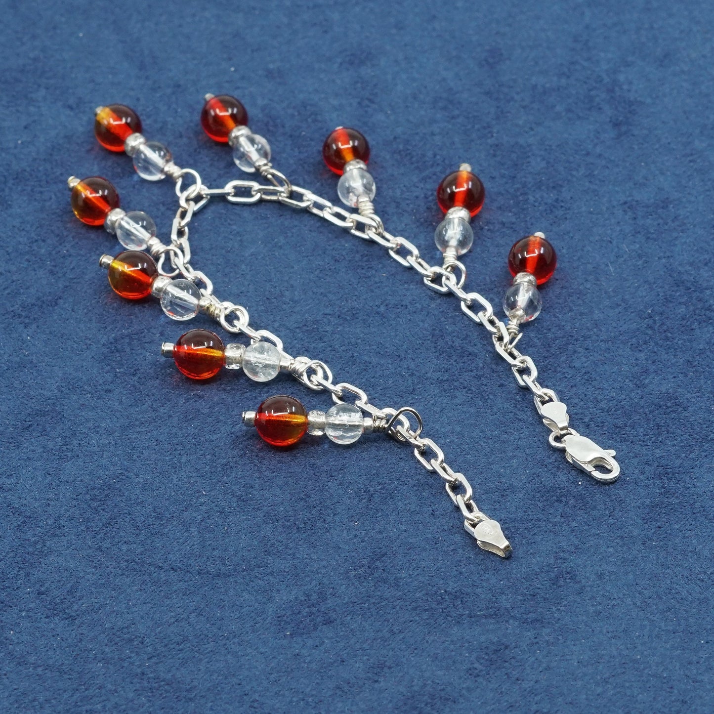 8" 3mm, Sterling silver handmade bracelet, 925 elongated chain w/ crystal charm