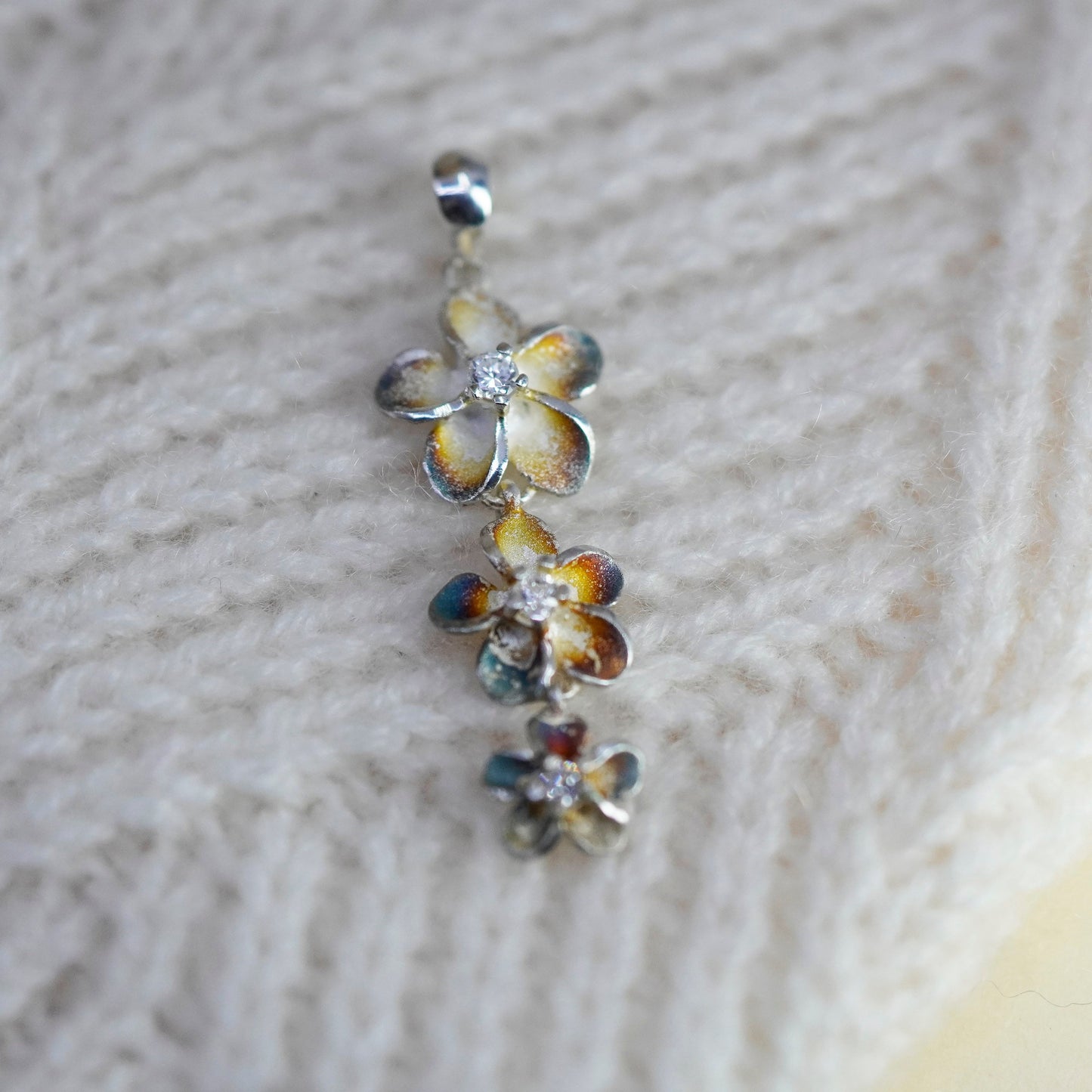 Vintage Sterling silver handmade earrings, 925 plumeria flower with cz