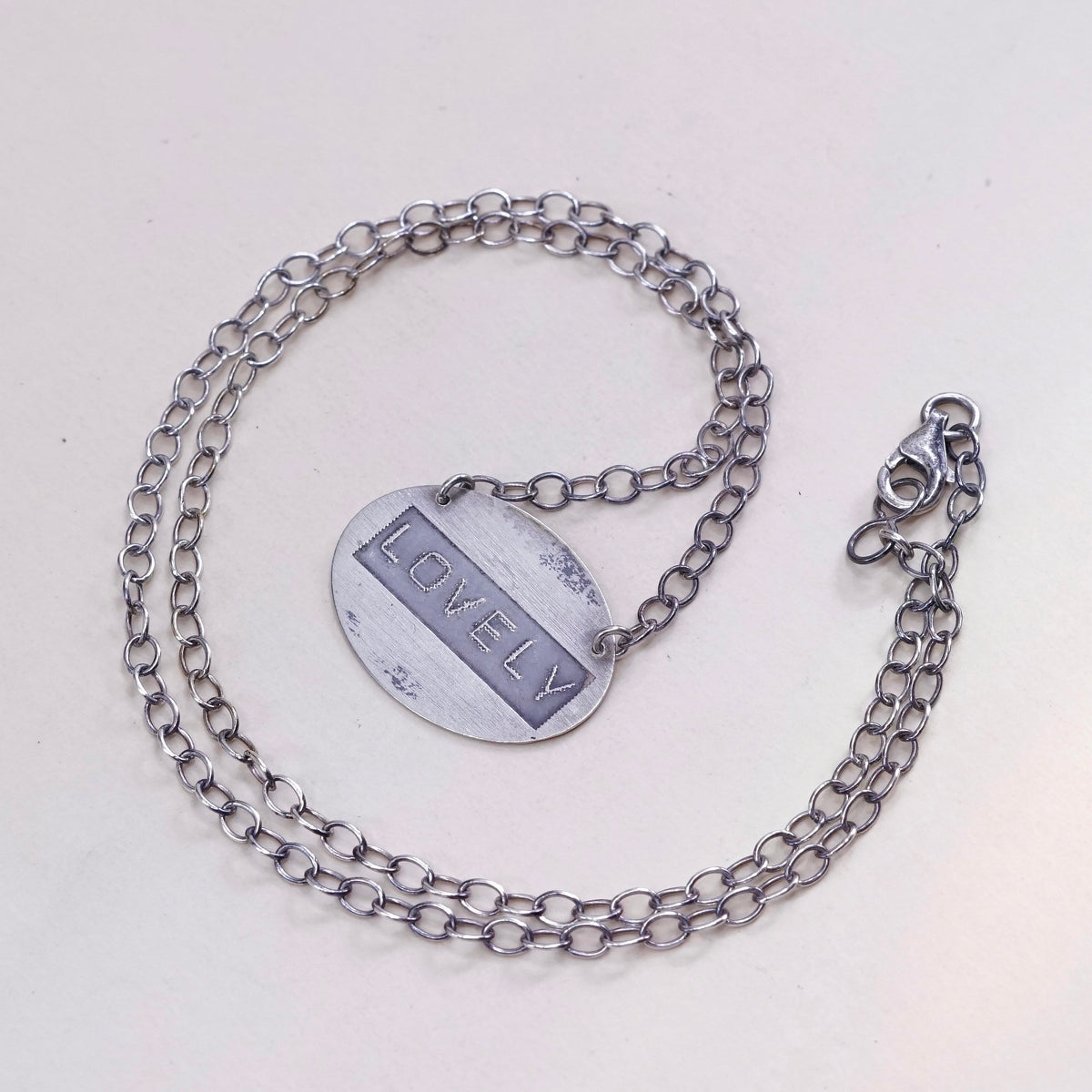 16”, vintage sterling silver handmade necklace, circle tag “lovely” pendant