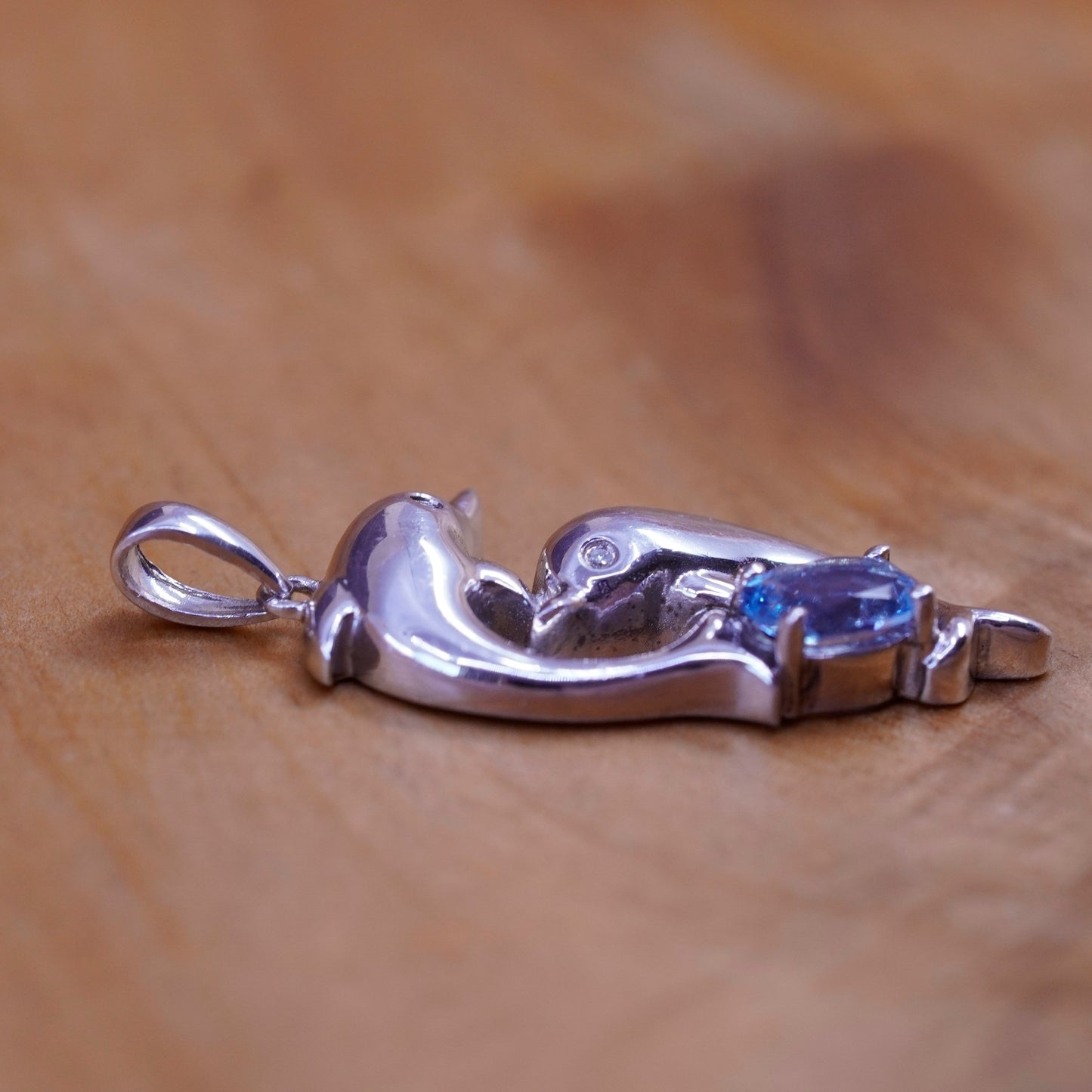 Vintage 925 Sterling silver handmade dolphins pendant with topaz