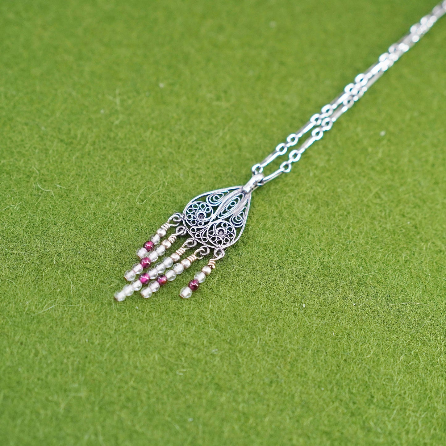 16”, 925 sterling silver elongated chain with filigree teardrop pendant beads