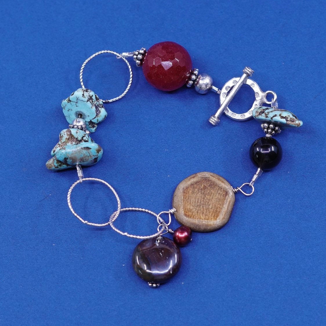 6.5”, vtg sterling silver handmade bracelet, 925 w/ turquoise N carnelian beads