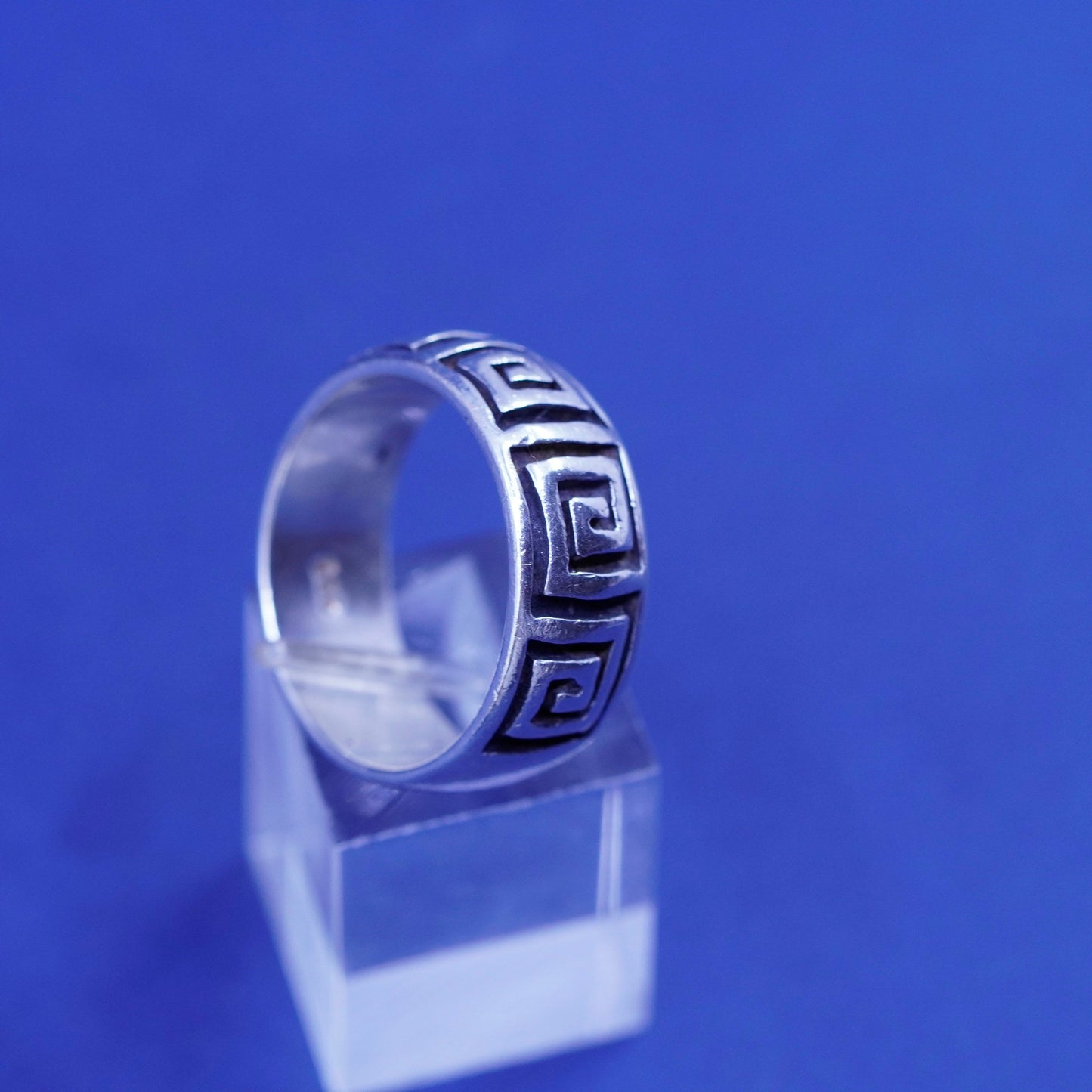 Size 10.5, vtg sterling silver handmade ring, 925 wide band embossed Greek key