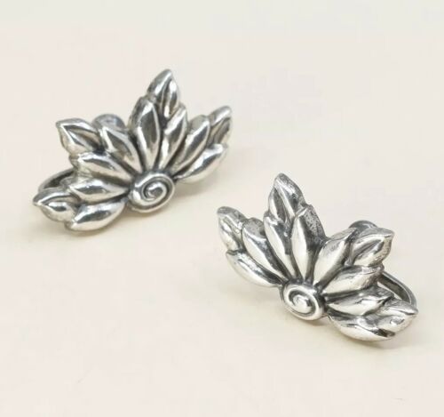 Vtg Sterling 925 Silver Handmade Screw Back Earrings Flower Leaves Wings