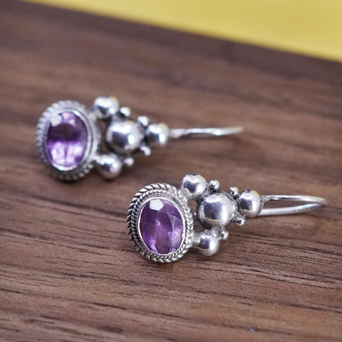 Vintage Sterling silver handmade earrings, 925 dangles with oval amethyst beads