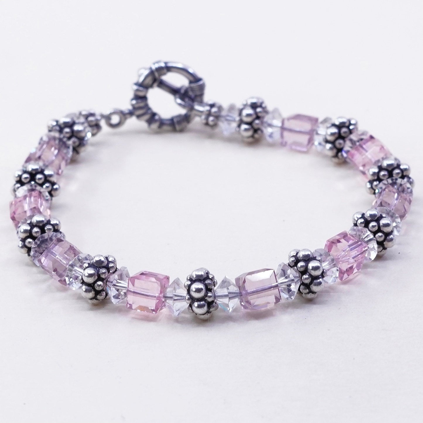 7”, Vintage Sterling silver handmade bracelet, 925 beads with pink crystal