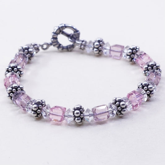 7”, Vintage Sterling silver handmade bracelet, 925 beads with pink crystal