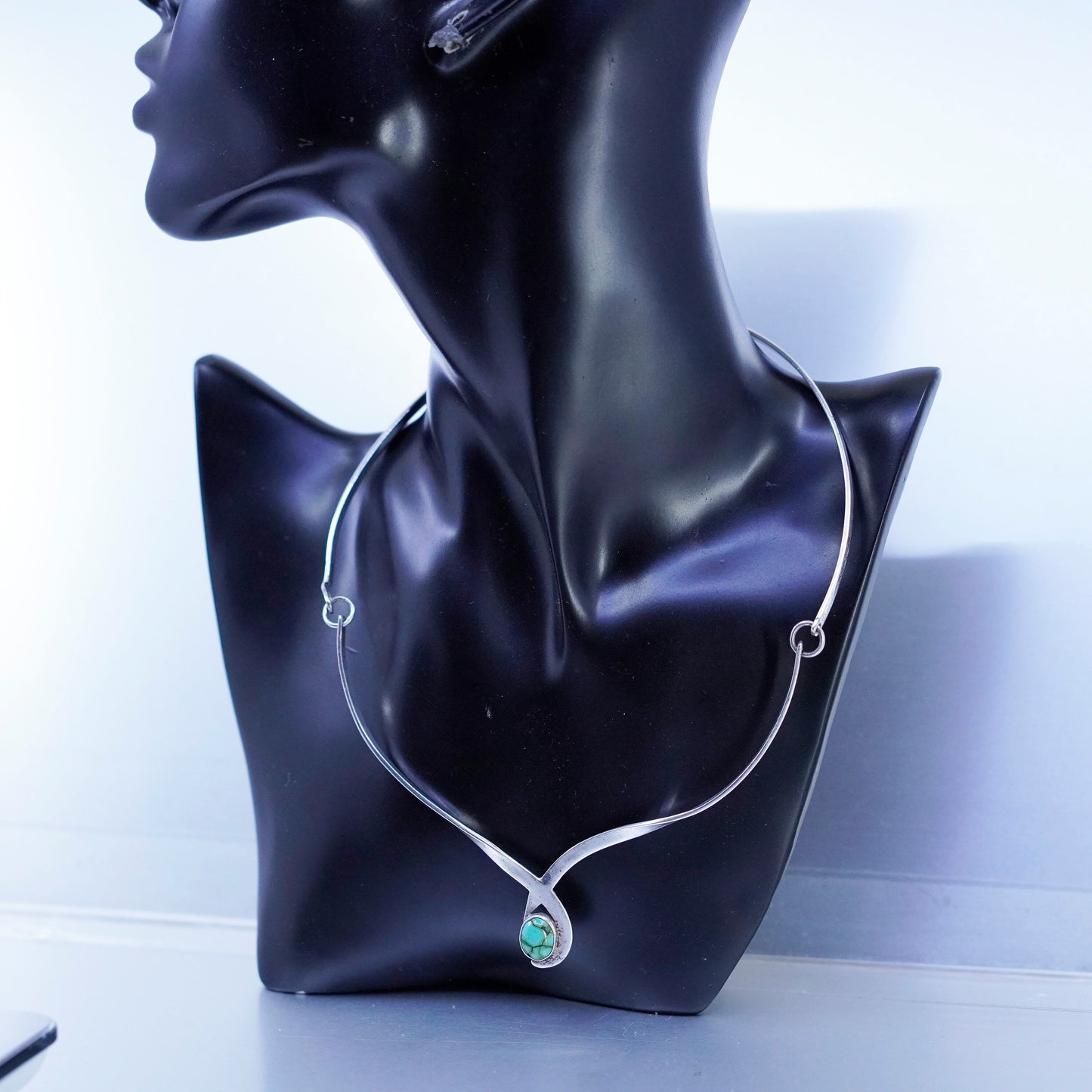 16”, Sterling 925 silver choker collar necklace kingman spiderwebbed turquoise