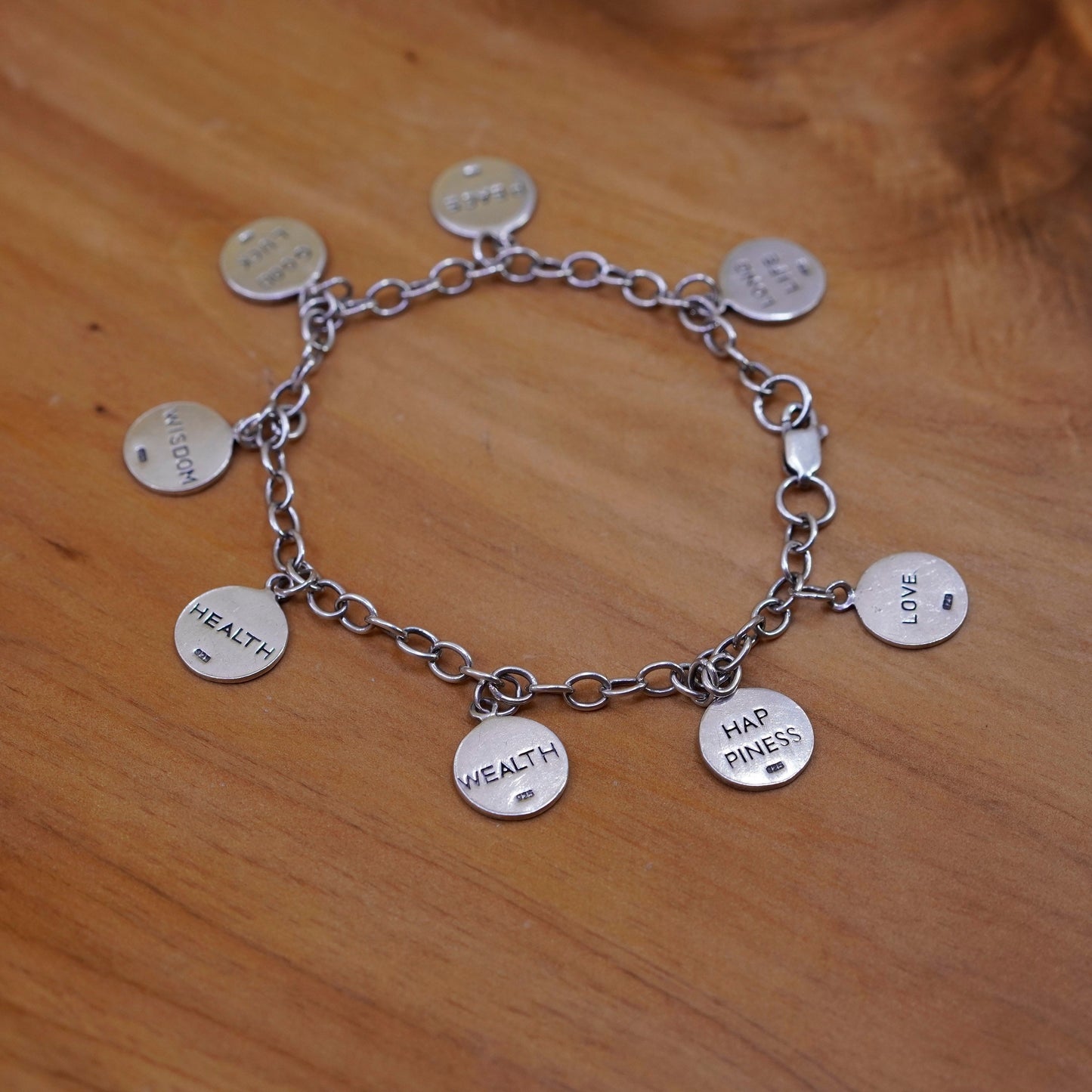 7.5”, Sterling silver charm bracelet, 925 circle chain happiness love good luck