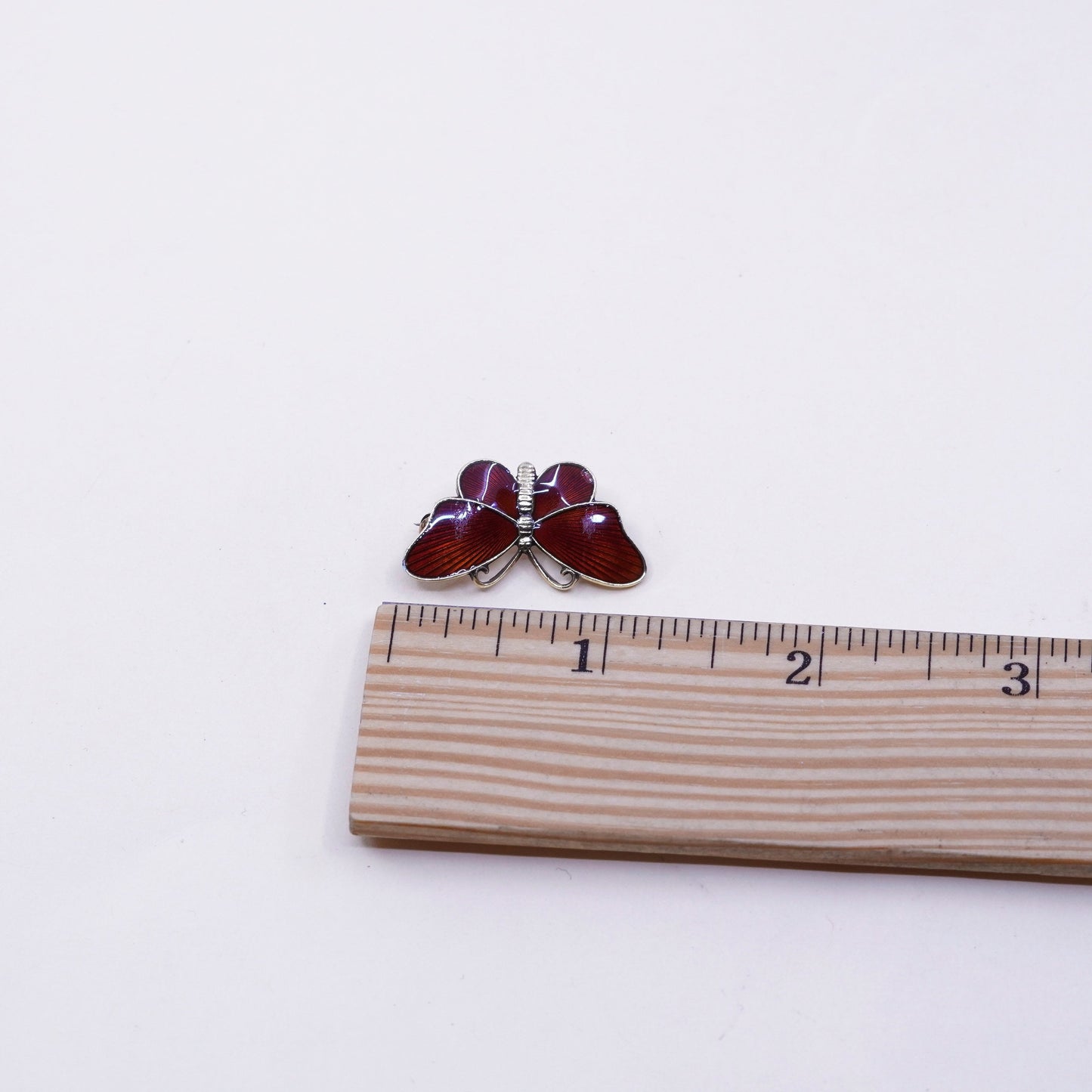 vintage Norway Sterling silver handmade brooch, 925 butterfly pin w/ red enamel