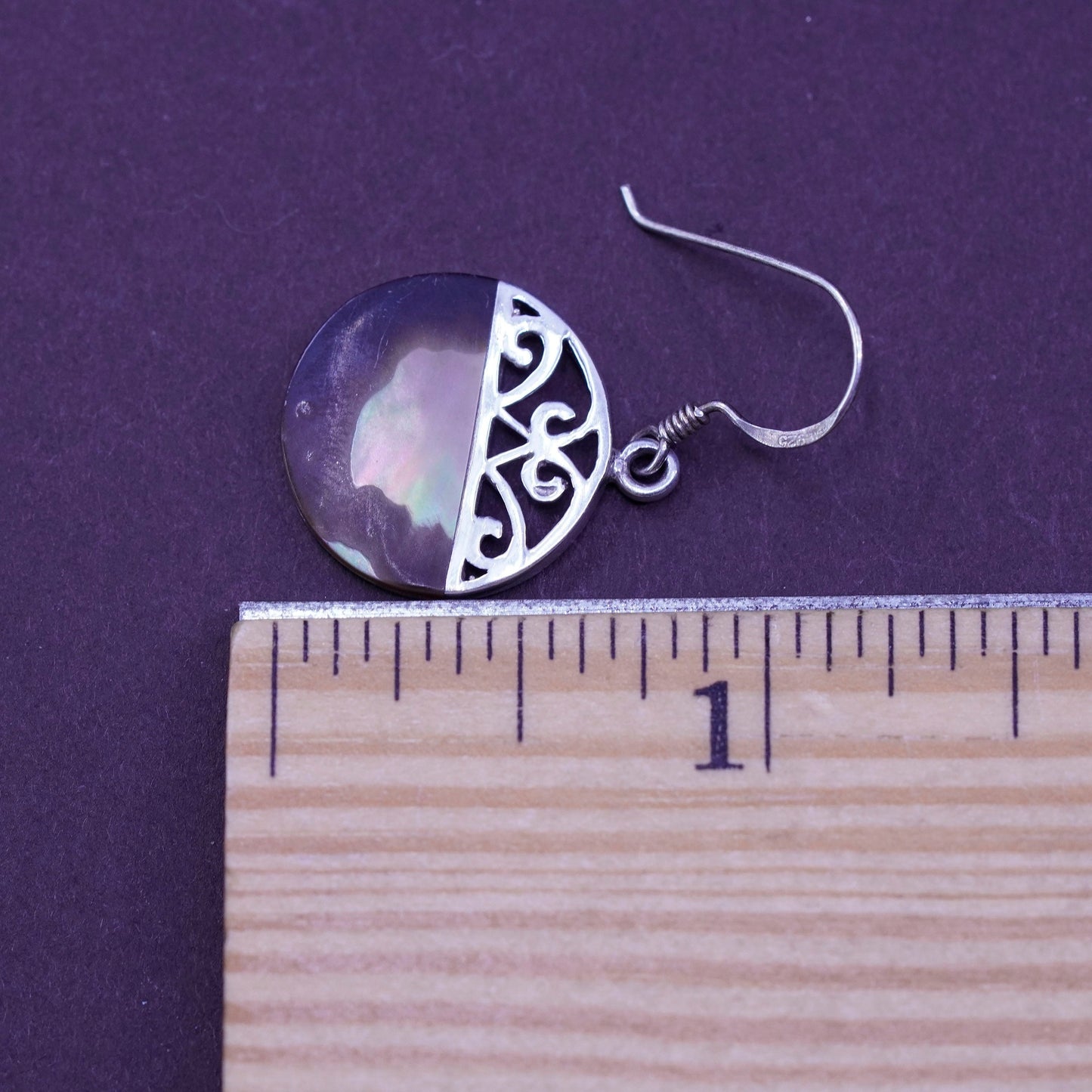 Vintage Sterling 925 silver handmade earrings with abalone and filigree