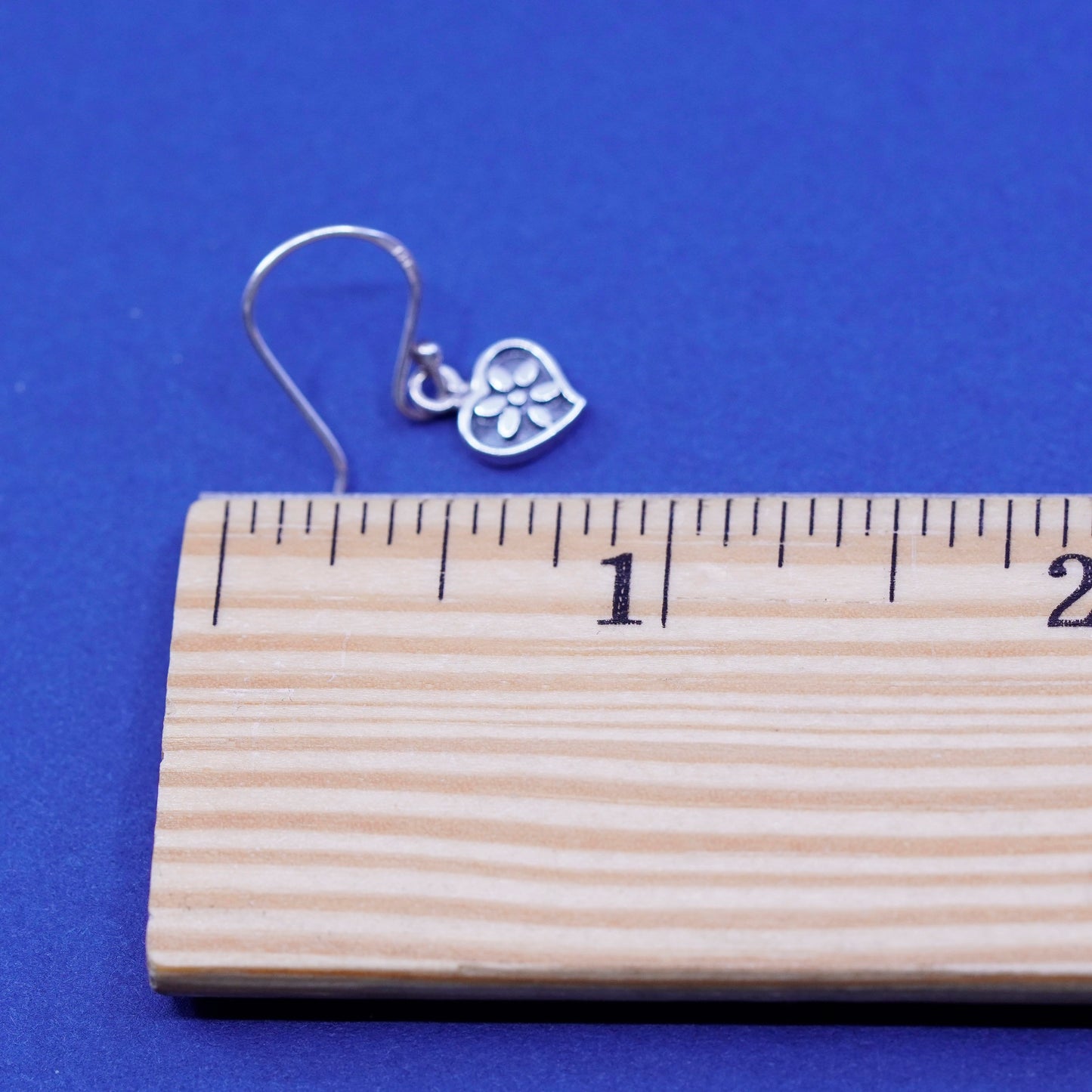 Vintage Sterling silver handmade earrings, 925 heart with flower pattern relief