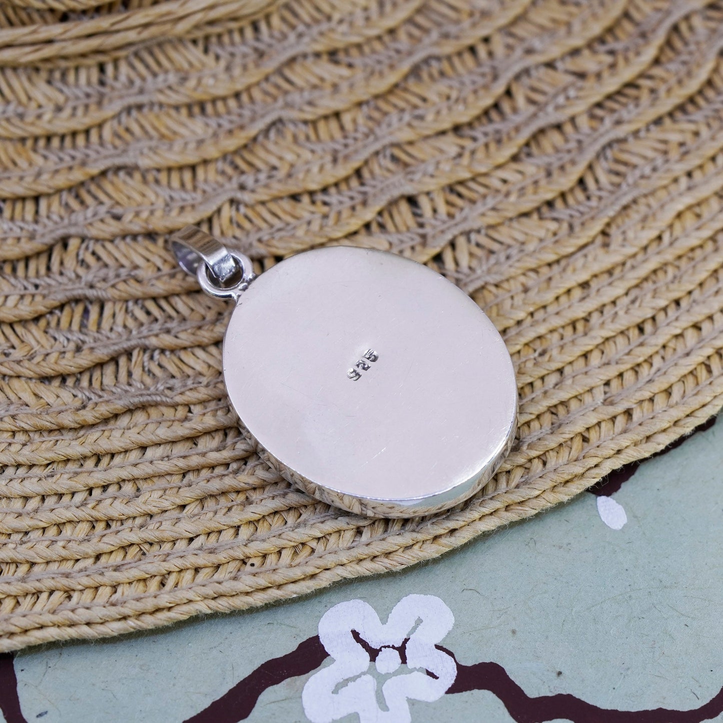 Vintage Sterling silver handmade pendant, 925 oval with resin flower
