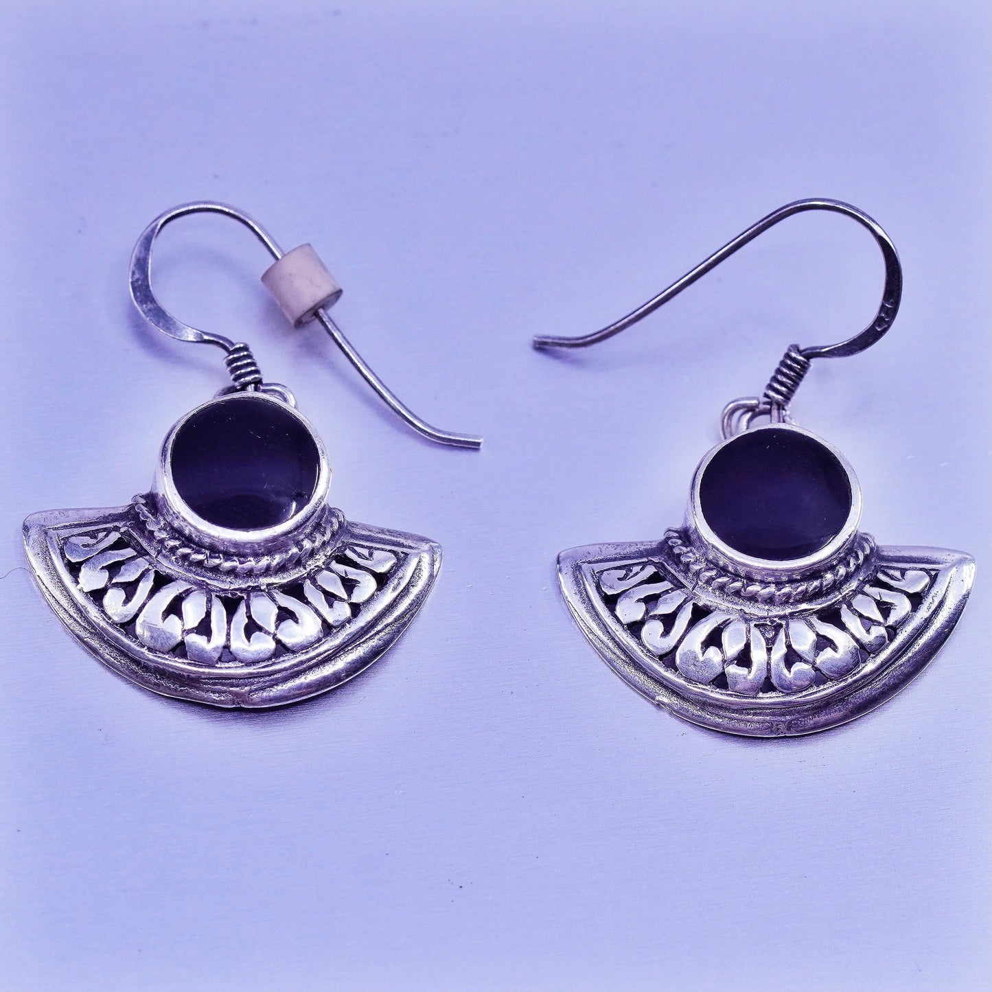 Vintage Sterling 925 silver handmade textured earrings with obsidian