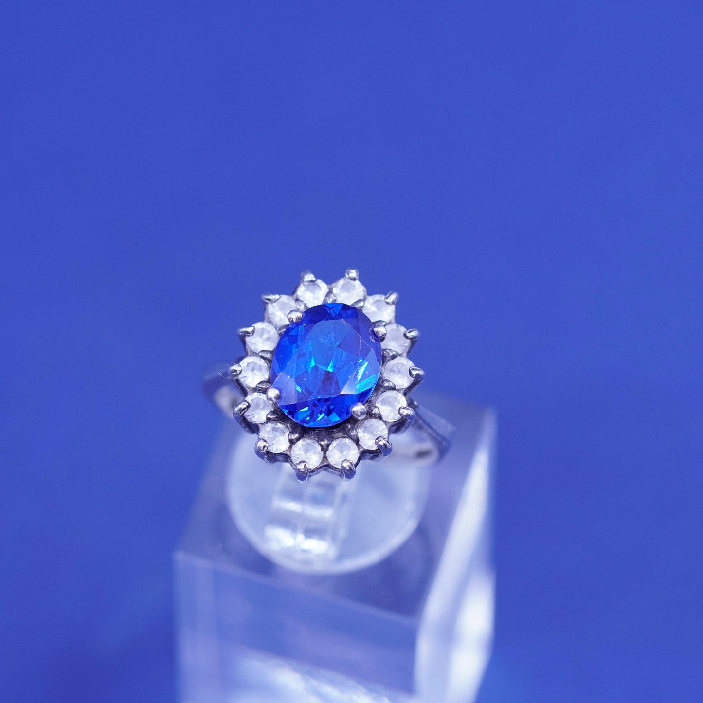 Size 6.5, vintage Sterling 925 silver engagement ring with topaz and clear cz