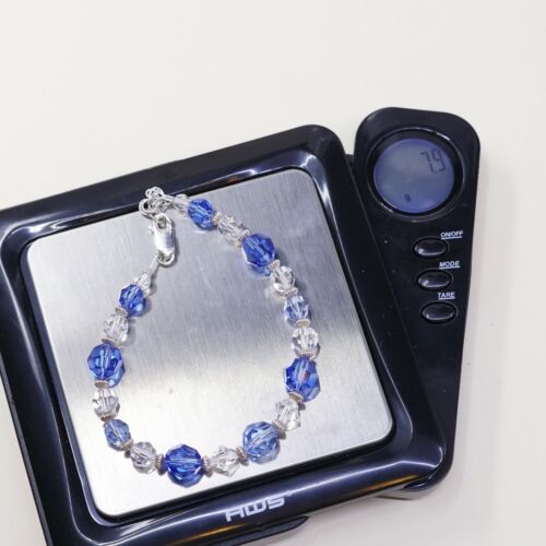 6.5”, Mexico Sterling 925 Silver Handmade Bead Bracelet, Blue Crystal beads