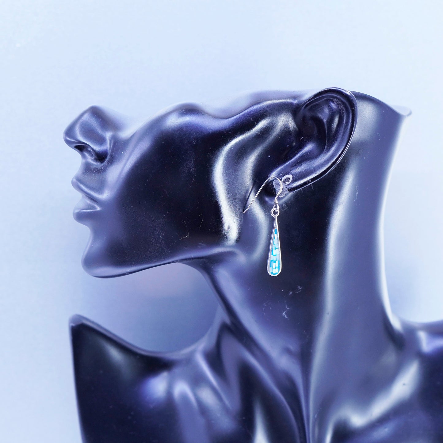 Vintage Sterling 925 silver handmade teardrop earrings w/ blue mother of pearl