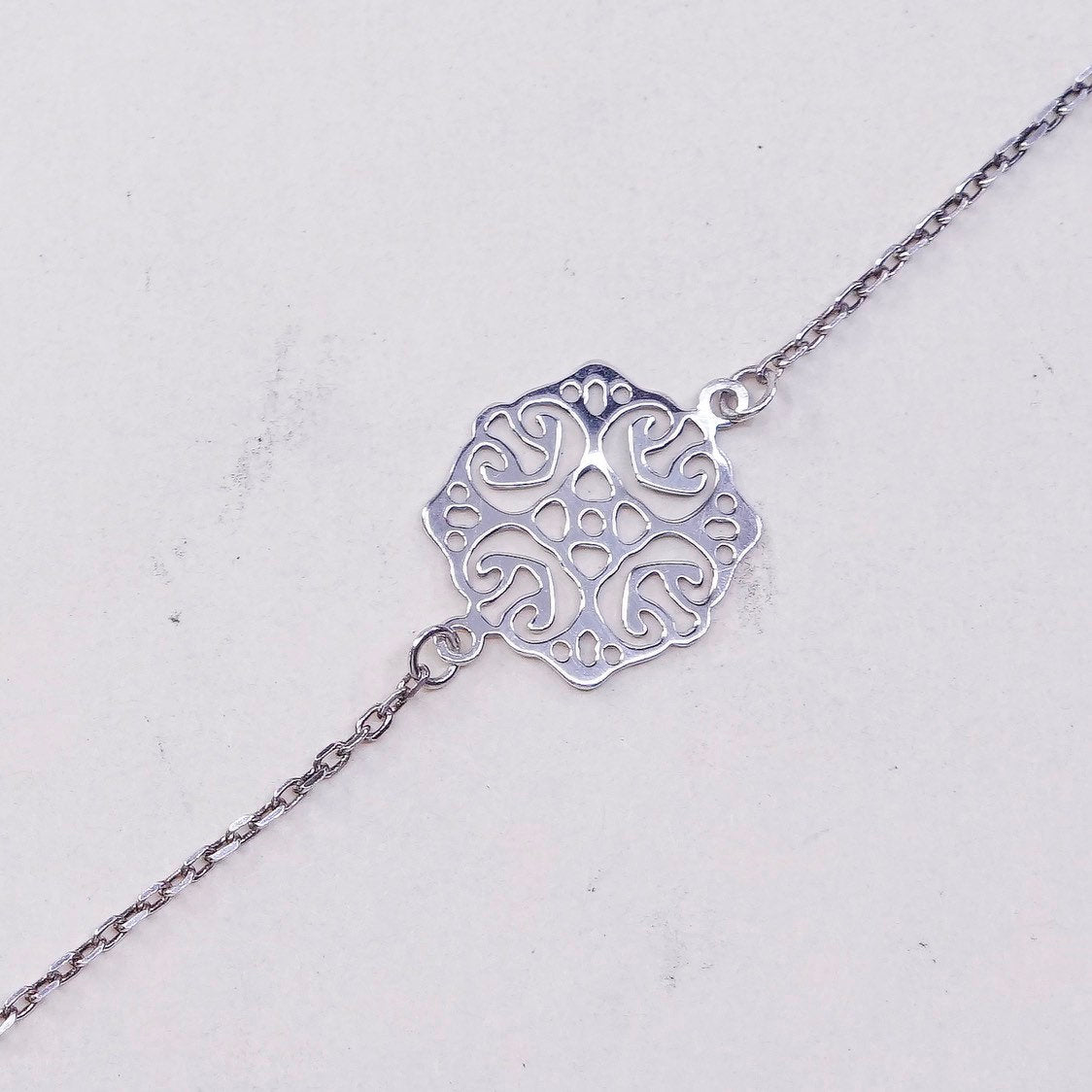 7", 1mm, VTG sterling silver circle link chain with filigree tag
