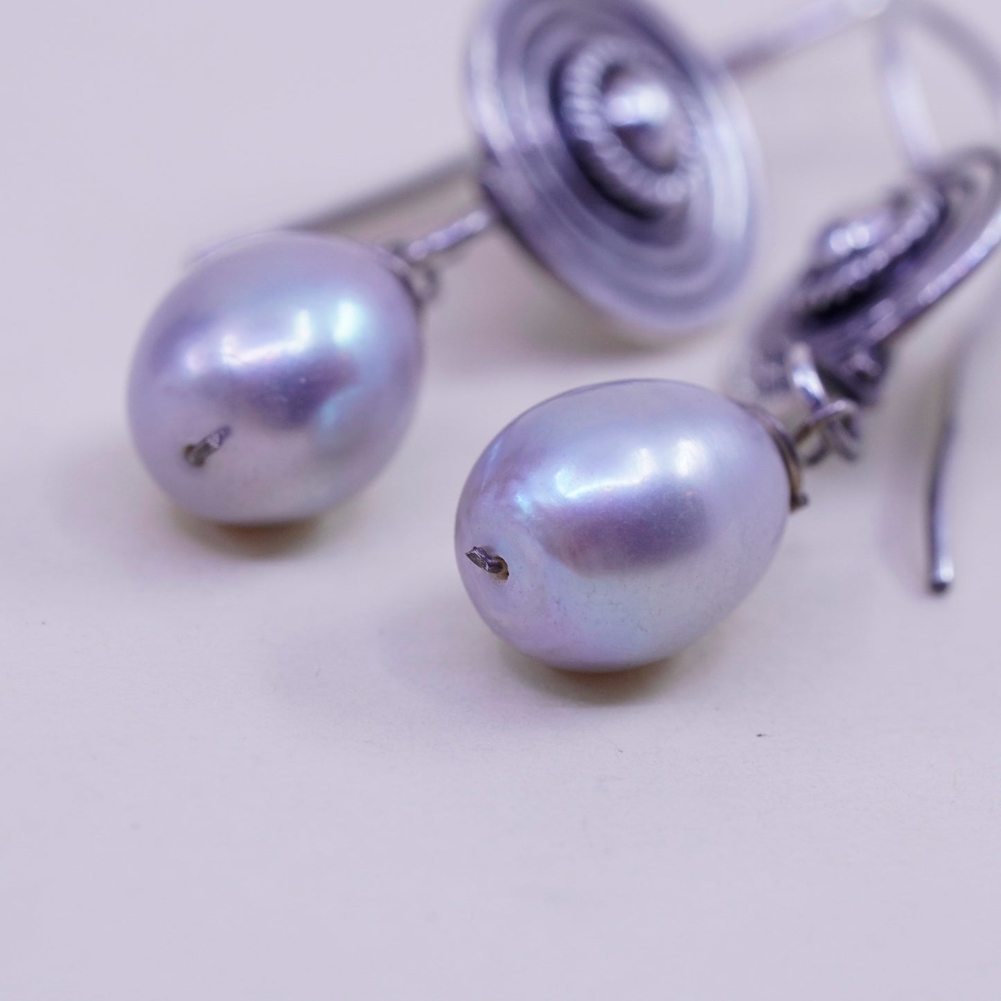 Vintage Sterling silver handmade earrings, 925 swirly dangles with pearl