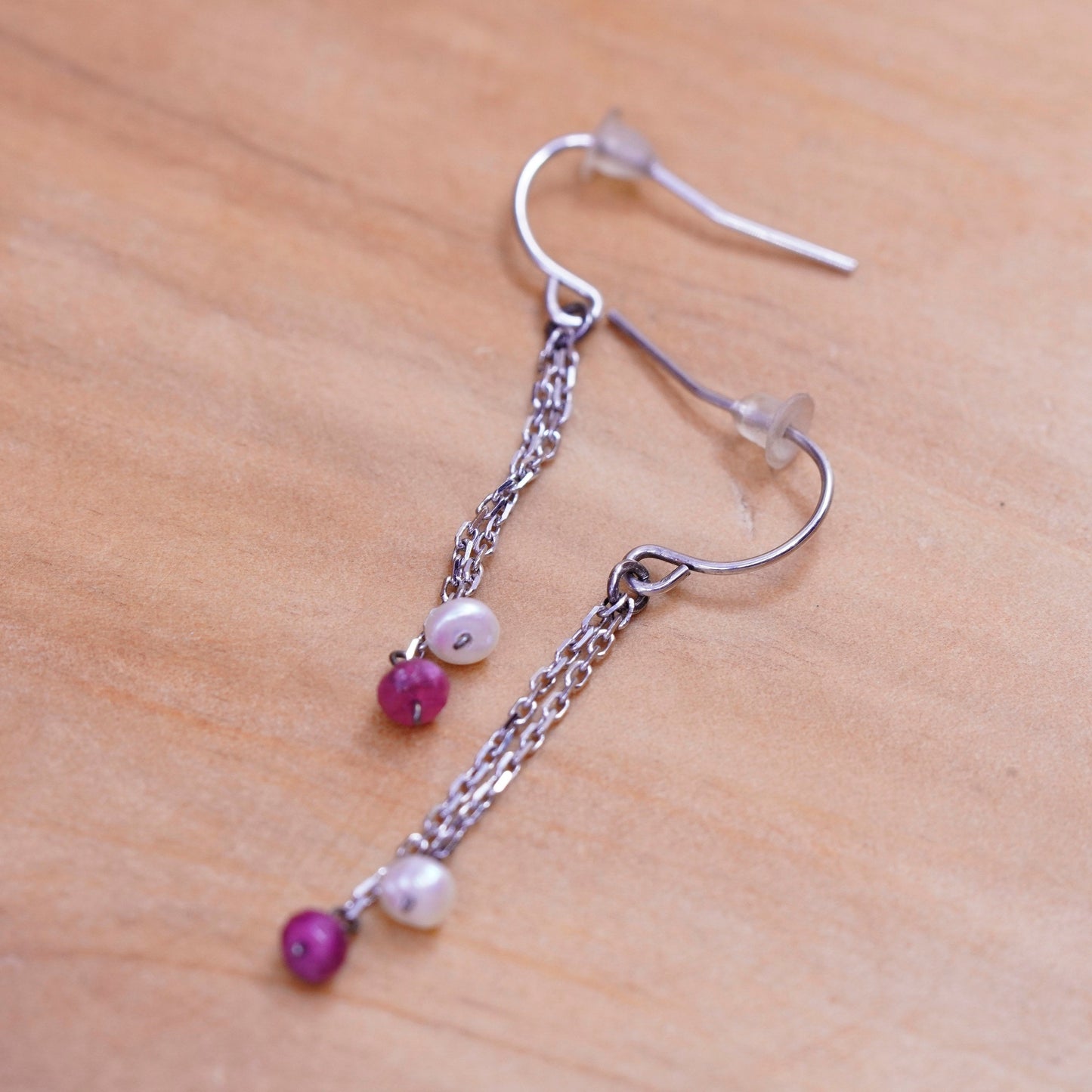 Vintage Sterling 925 silver handmade earrings with pearl and ruby beads