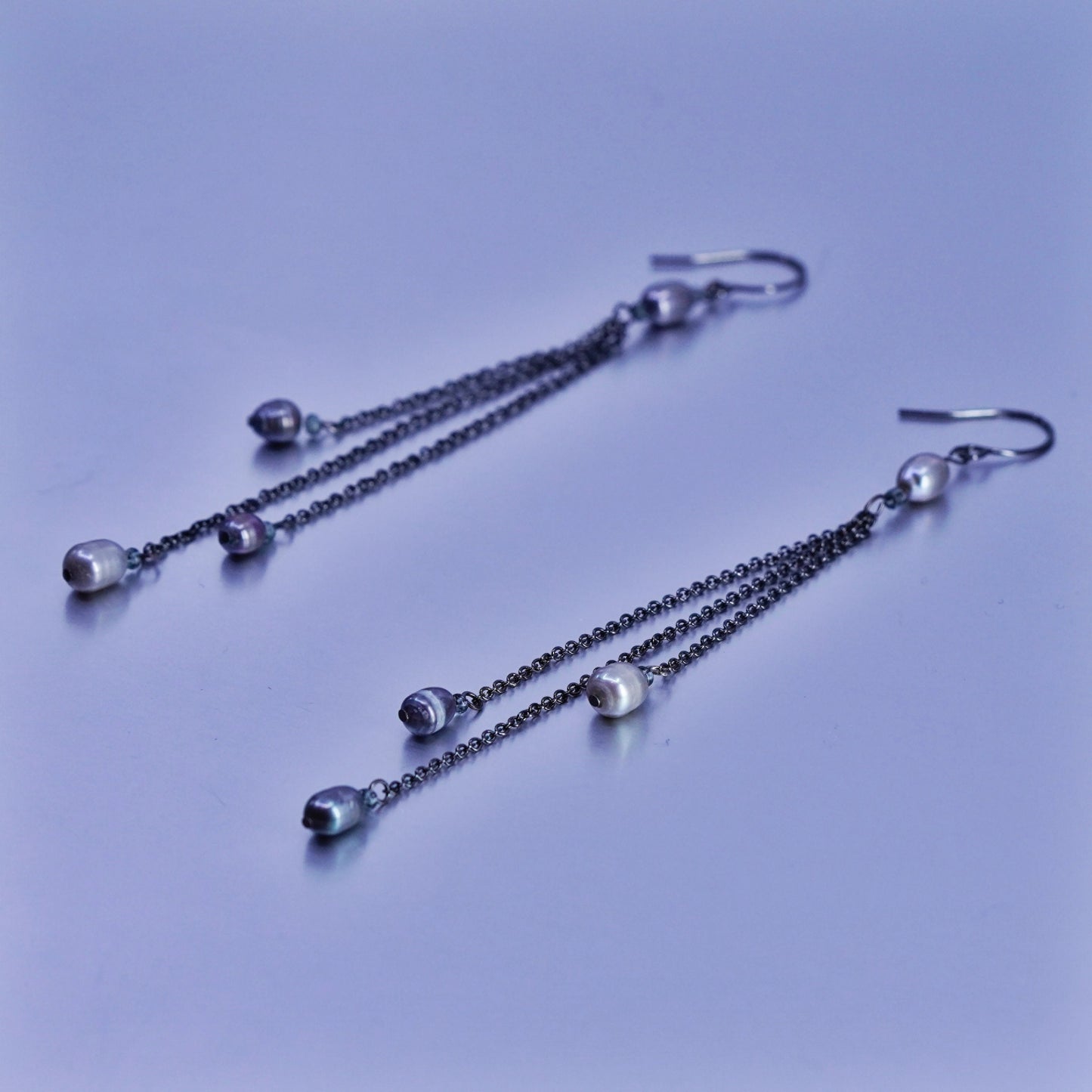 Vintage Sterling 925 silver handmade extra long earrings with freshwater pearl