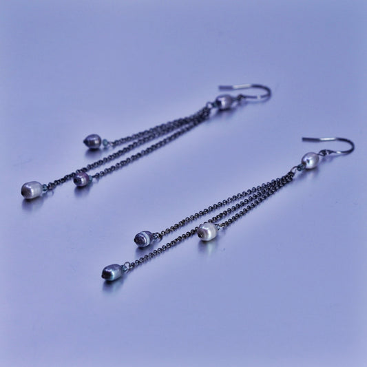 Vintage Sterling 925 silver handmade extra long earrings with freshwater pearl