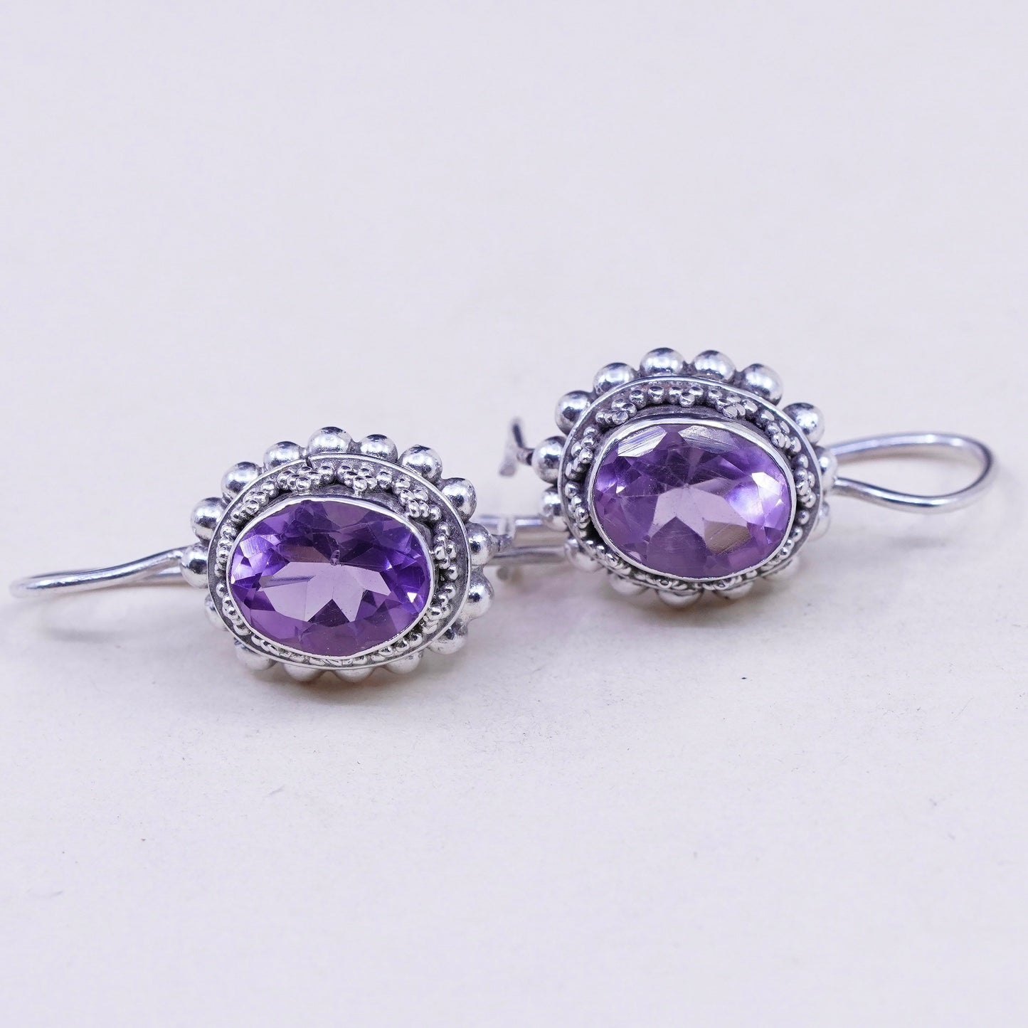 Vintage sterling silver handmade earrings, 925 drops with amethyst and beads