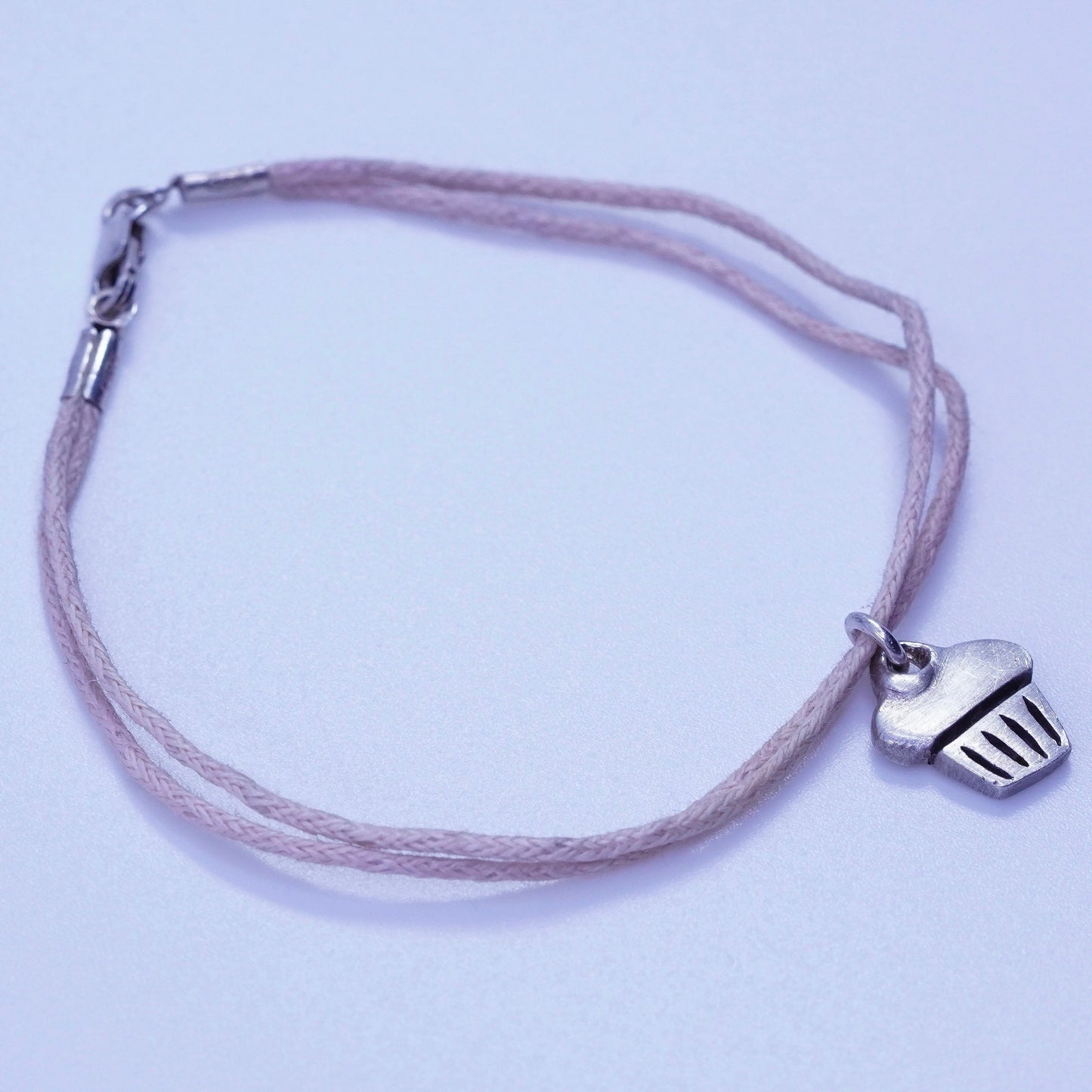 6.75”, sterling 925 silver handmade bracelet with linen thread cupcake charm