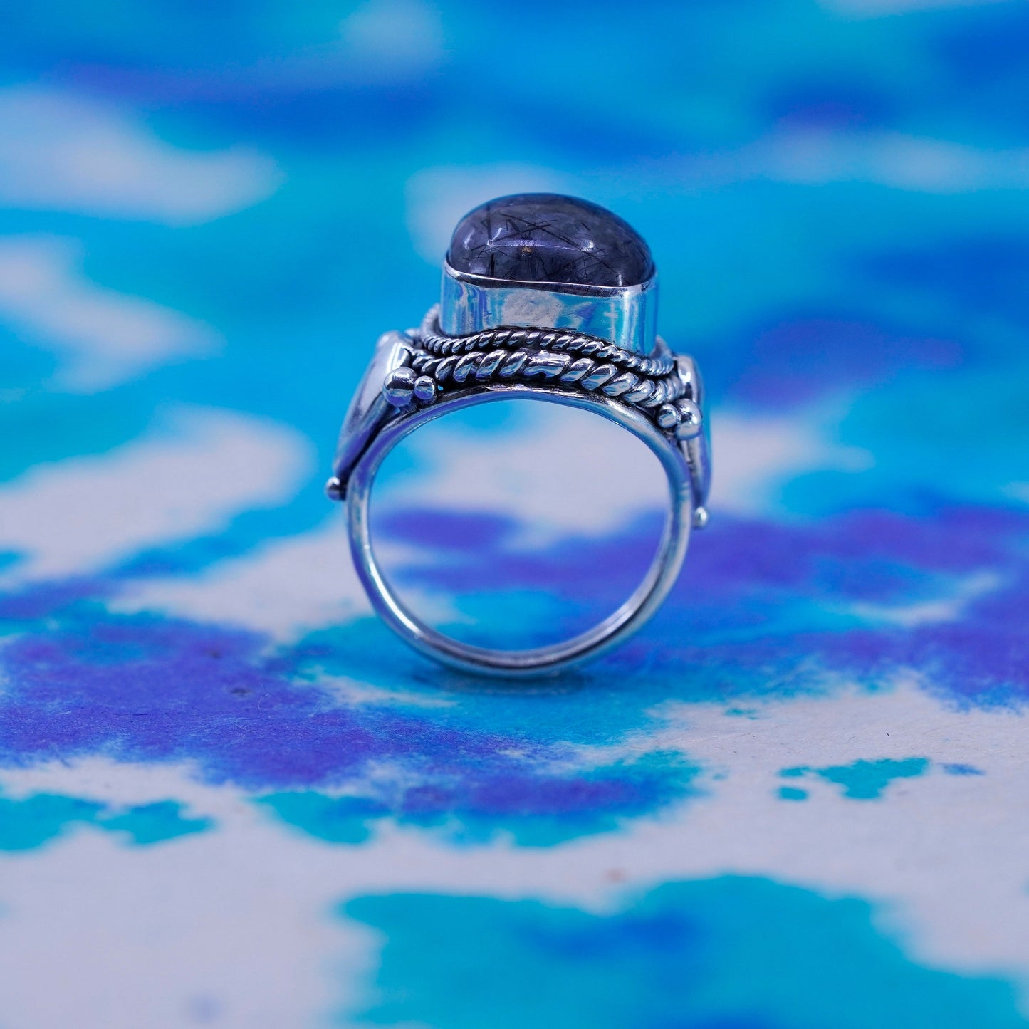 Size 6, Vintage Sterling 925 silver ring with Tourmalinated Quartz and beads