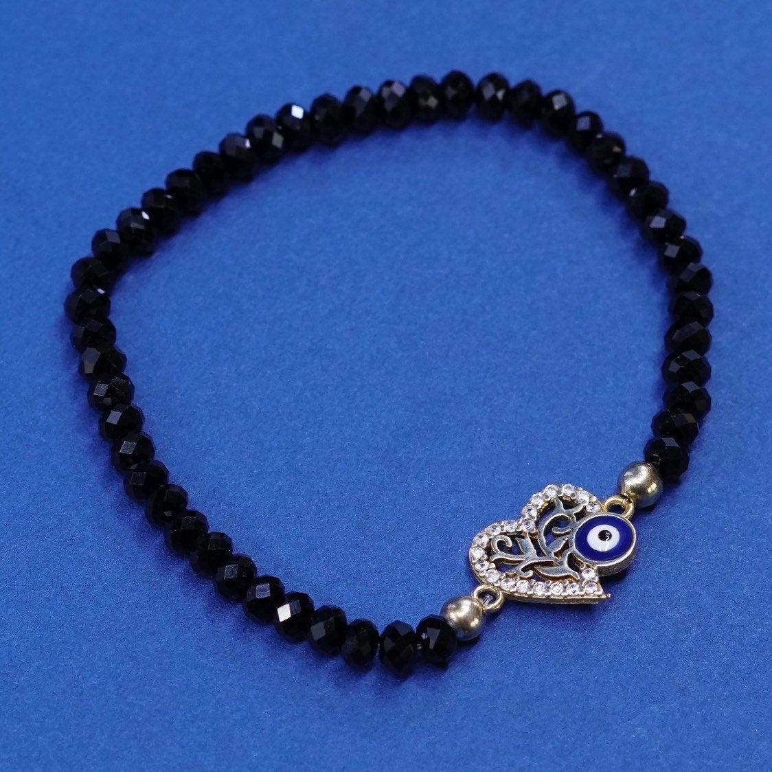 6.5" gold over Sterling silver bracelet, 925 heart w/ obsidian beads N evil eye